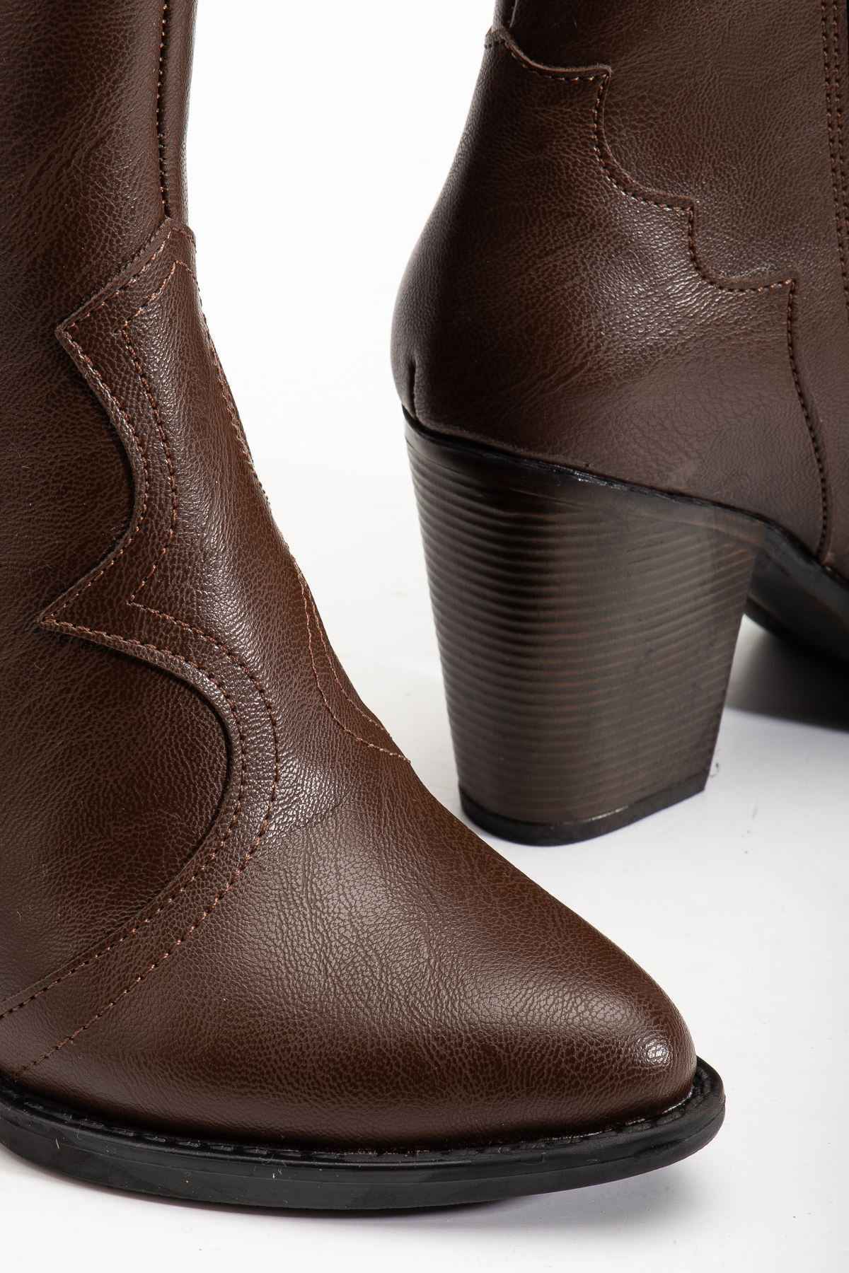 Ayakkabı Aşkı 117 Kahve Kovboy Dikiş Detaylı Fermuarlı Yüksek Topuklu Günlük Kadın Bot