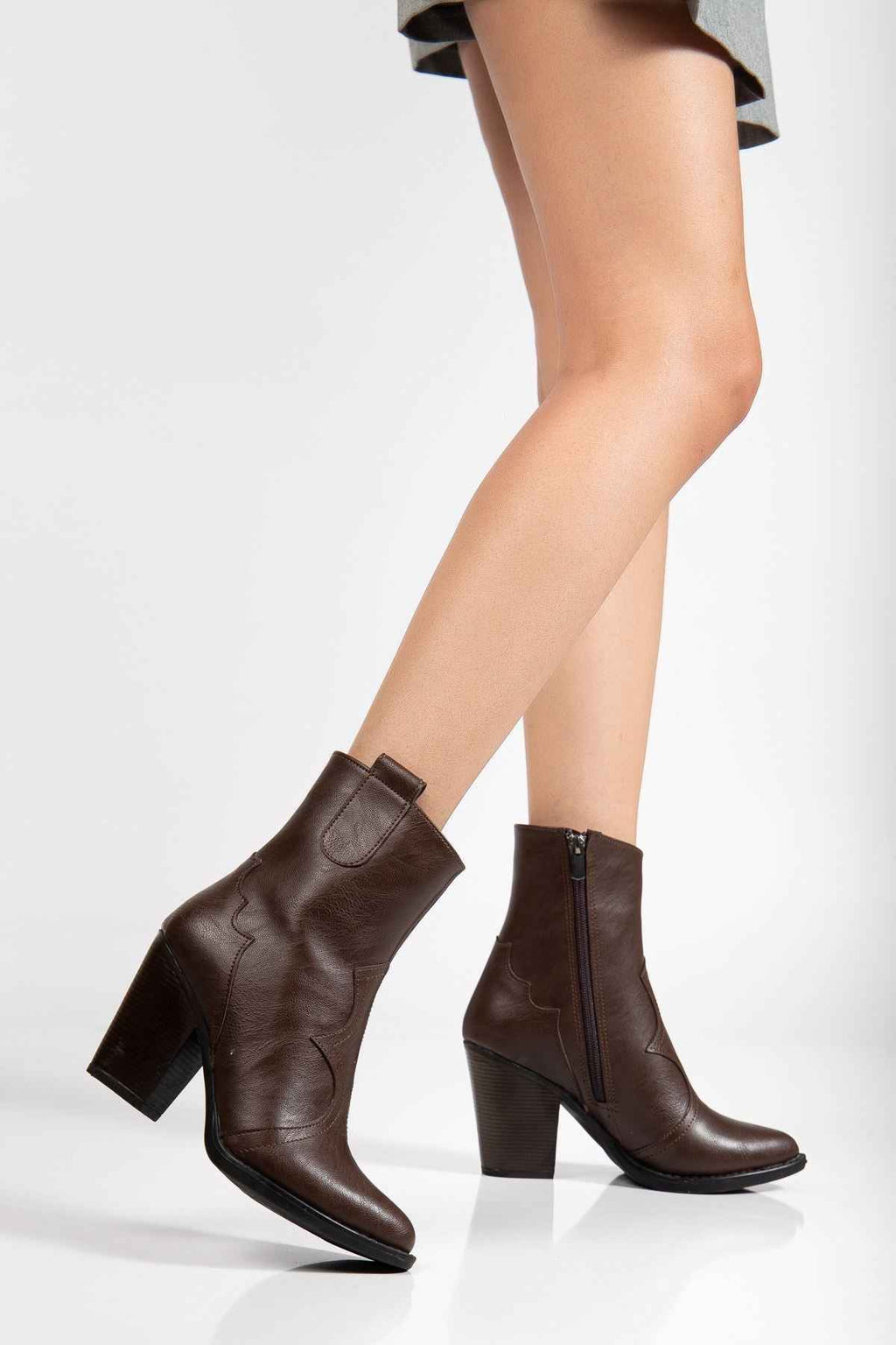 Ayakkabı Aşkı 117 Kahve Kovboy Dikiş Detaylı Fermuarlı  Yüksek Topuklu Günlük Kadın Bot