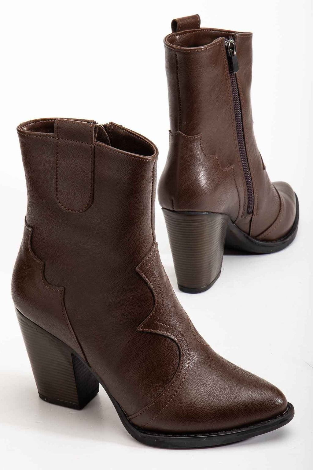 Ayakkabı Aşkı 117 Kahve Kovboy Dikiş Detaylı Fermuarlı Yüksek Topuklu Günlük Kadın Bot