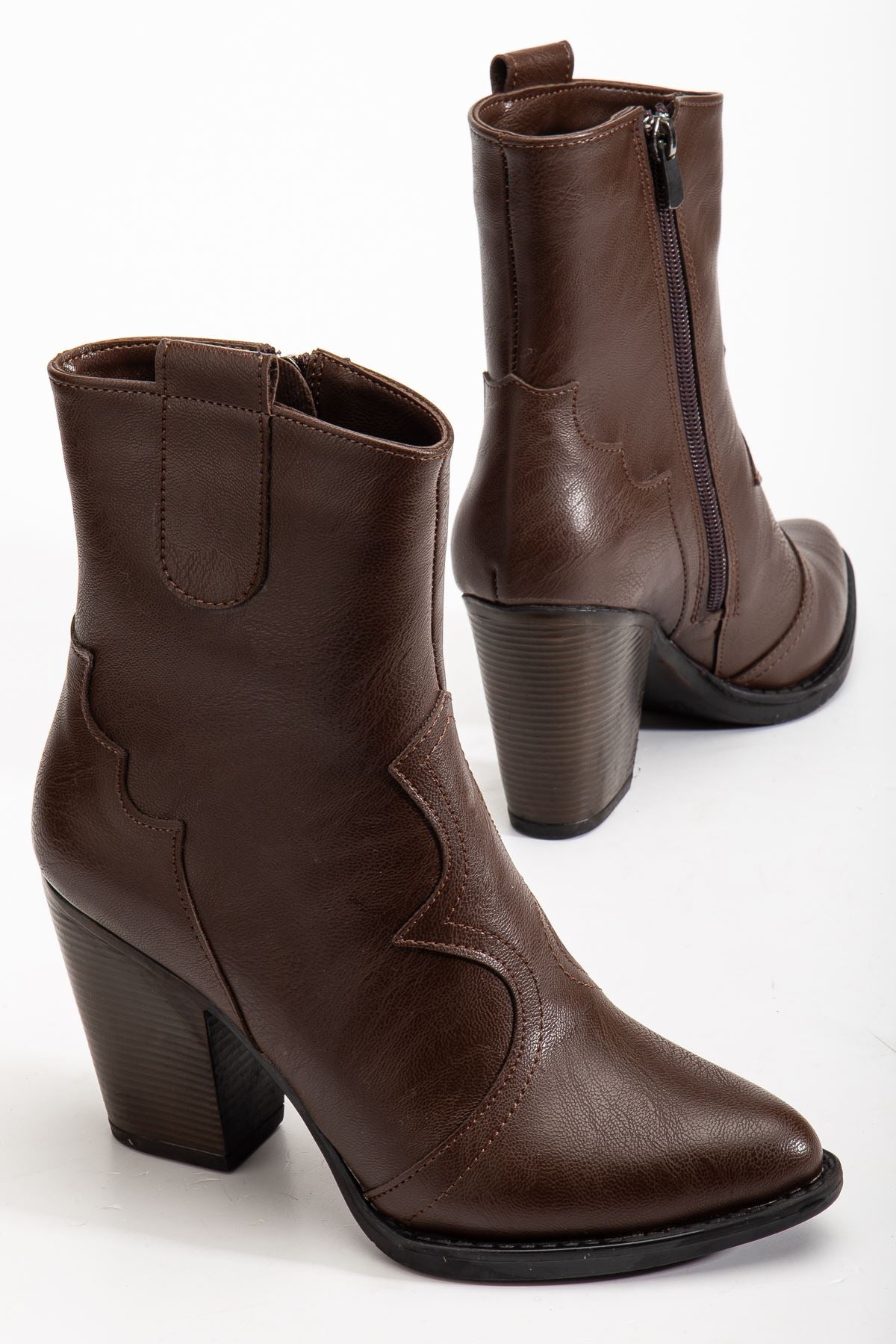 Ayakkabı Aşkı 117 Kahve Kovboy Dikiş Detaylı Fermuarlı Yüksek Topuklu Günlük Kadın Bot