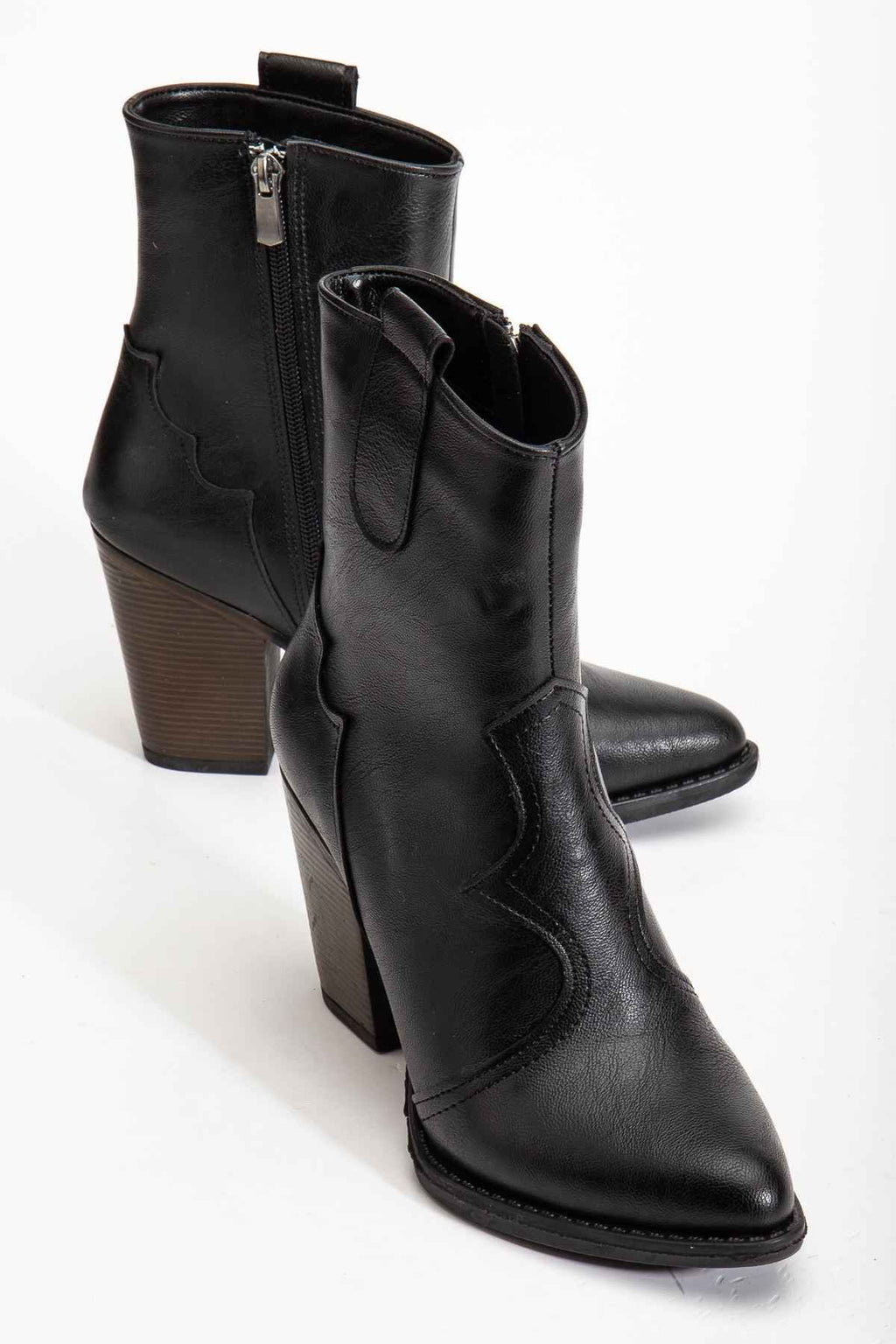 Ayakkabı Aşkı 117 Siyah Kovboy Dikiş Detaylı Fermuarlı  Yüksek Topuklu Günlük Kadın Bot