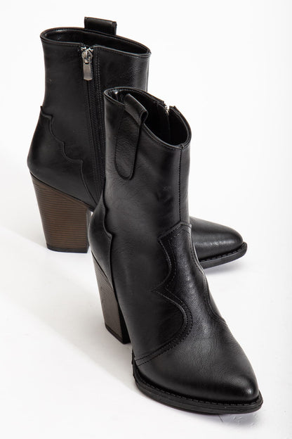 Ayakkabı Aşkı 117 Siyah Kovboy Dikiş Detaylı Fermuarlı Yüksek Topuklu Günlük Kadın Bot