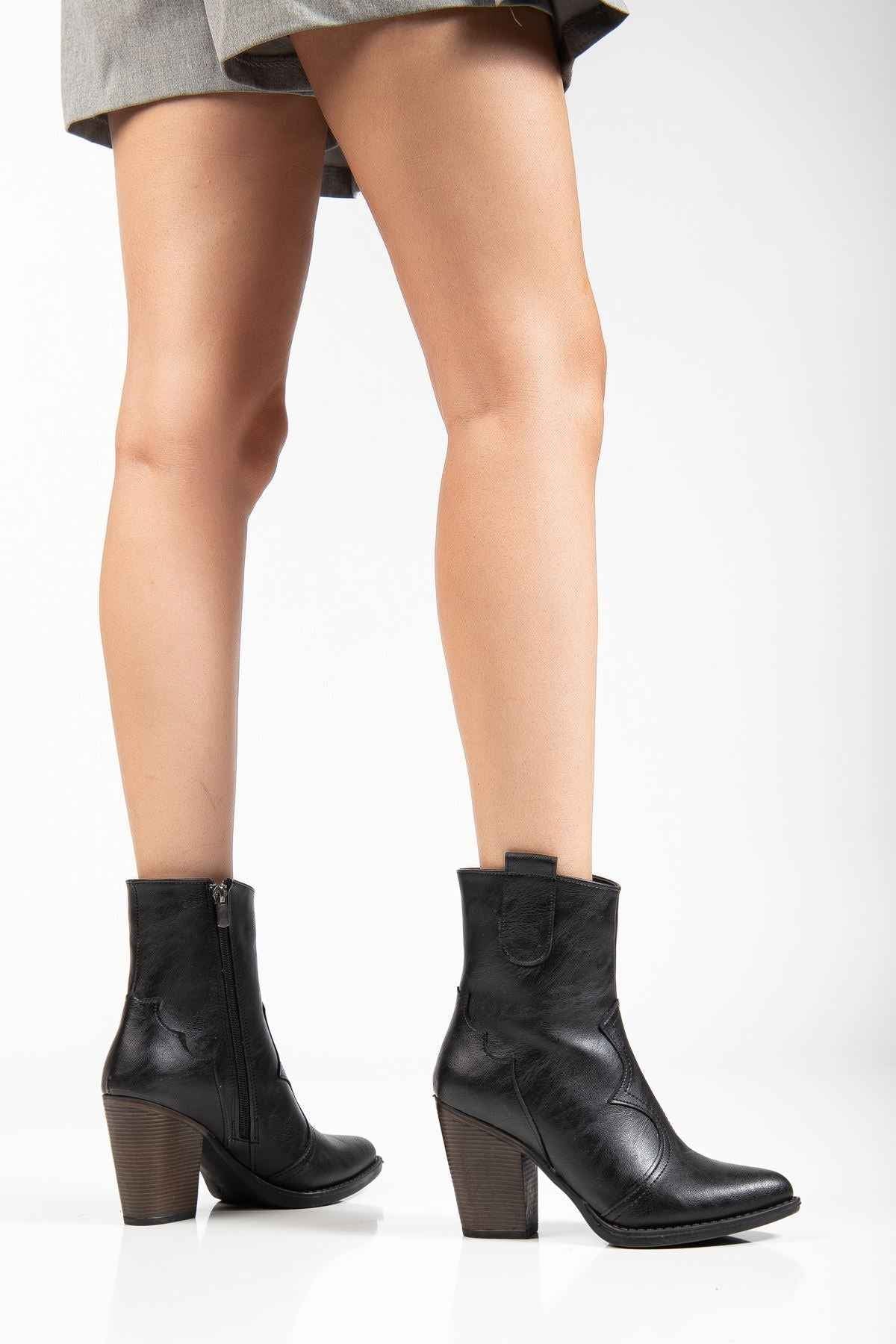Ayakkabı Aşkı 117 Siyah Kovboy Dikiş Detaylı Fermuarlı  Yüksek Topuklu Günlük Kadın Bot
