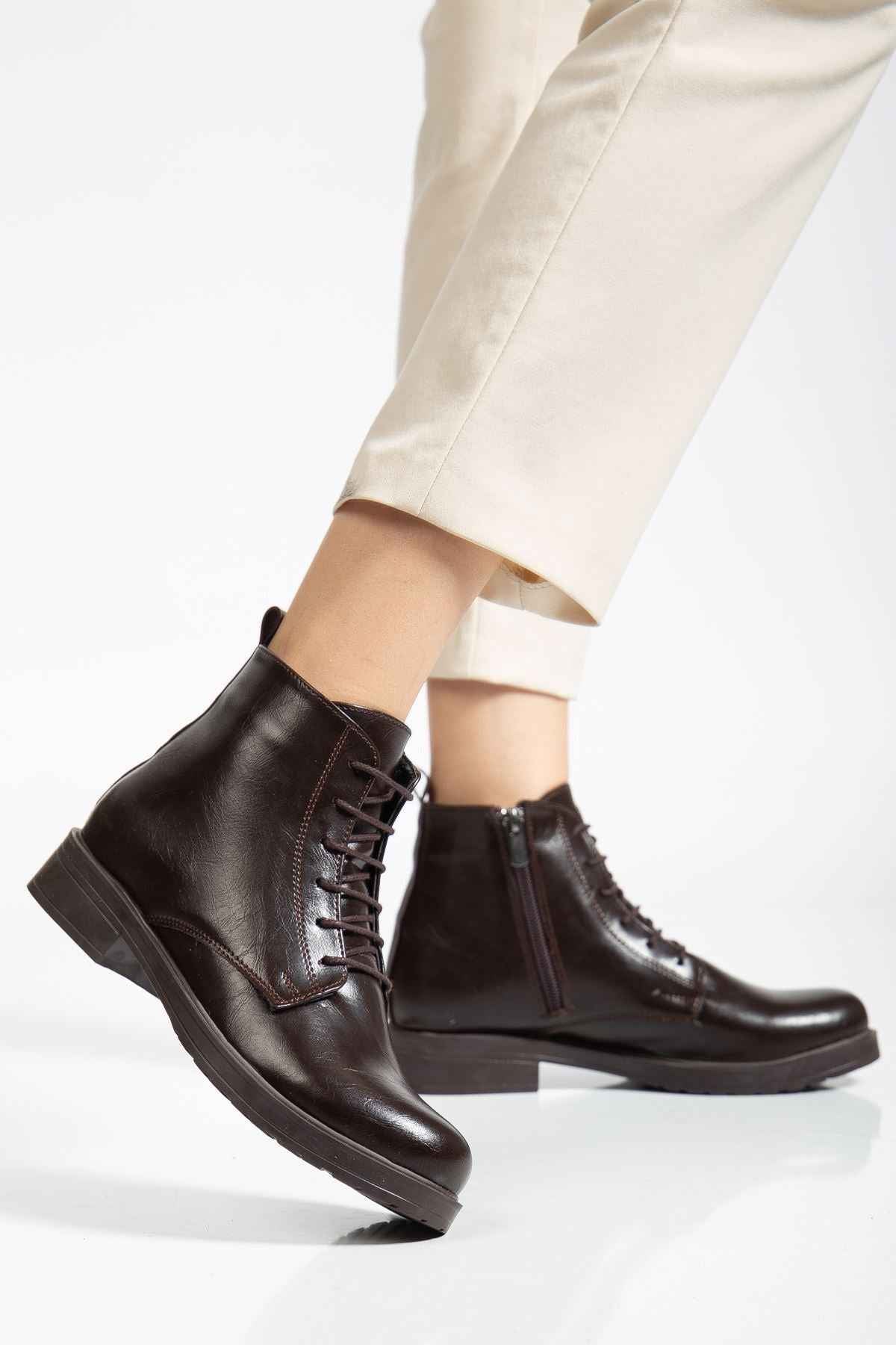 Ayakkabı Aşkı Kahve Yanki Bağcıklı Fermuarlı Günlük Kadın Bot