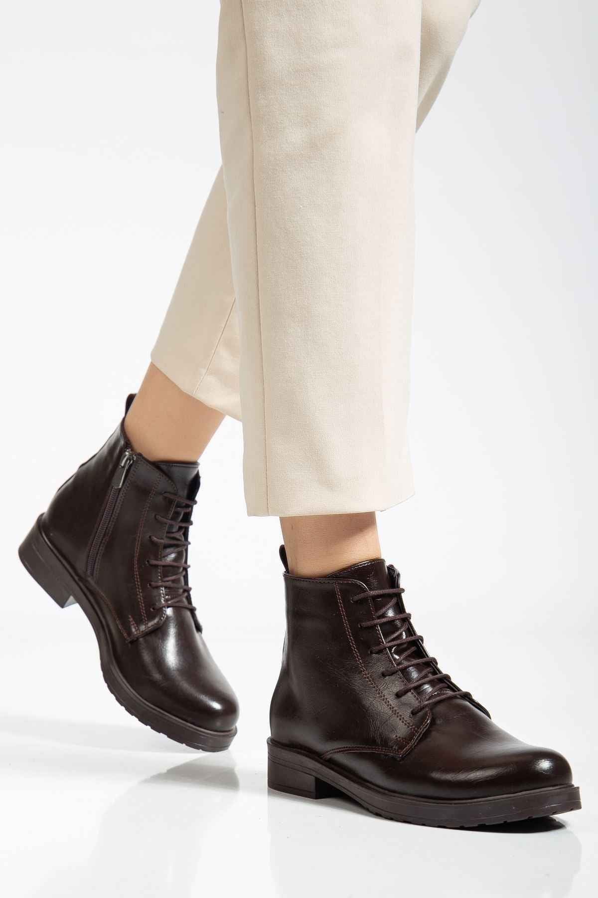 Ayakkabı Aşkı 165-225 Kahve Yanki Bağcıklı Fermuarlı Günlük Kadın Bot