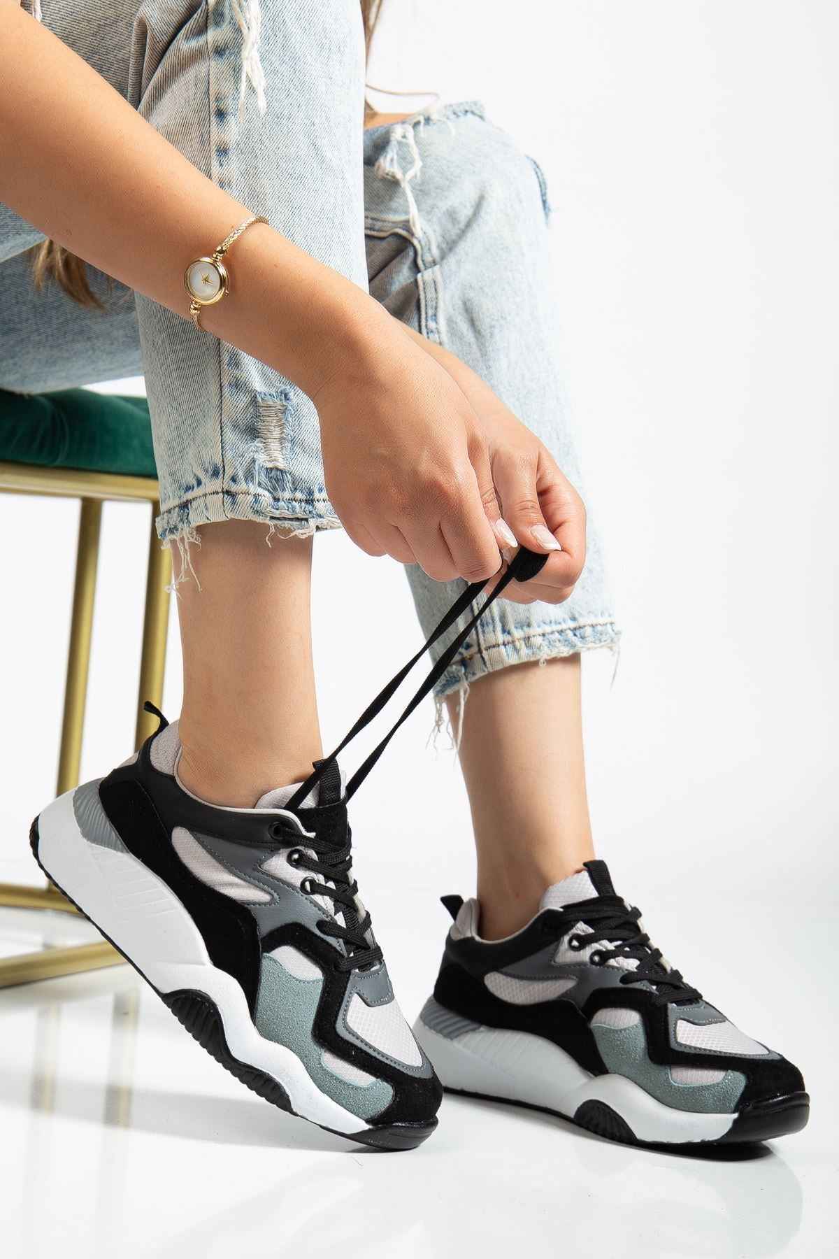 Ayakkabı Aşkı Sp-172-2 Siyah Gri Bağcıklı Kadın Spor Ayakkabı