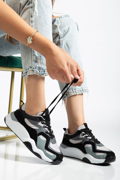 SP-172-2 Siyah Gri Bağcıklı Kadın Spor Ayakkabı - Siyah