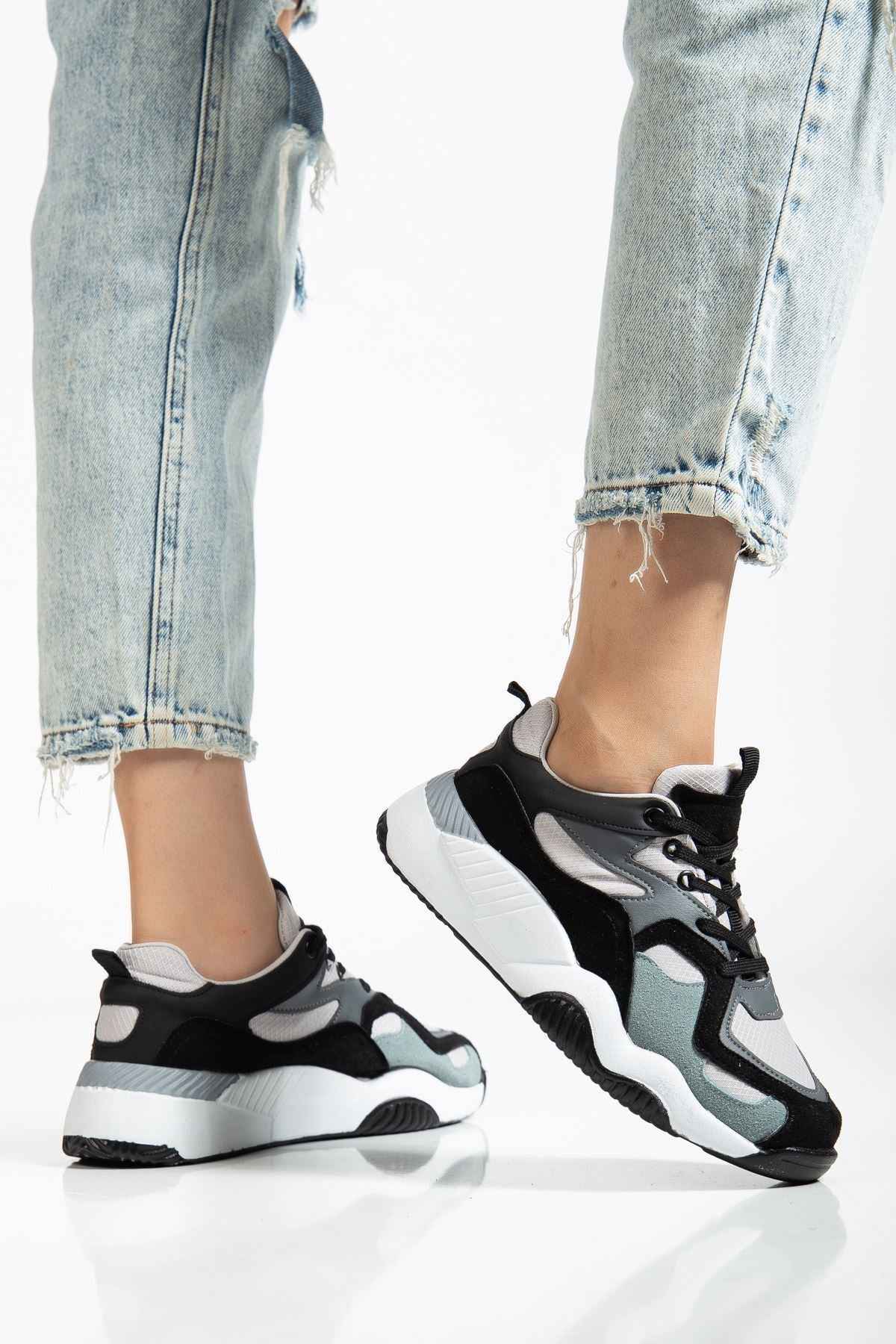 Ayakkabı Aşkı Sp-172-2 Siyah Gri Bağcıklı Kadın Spor Ayakkabı