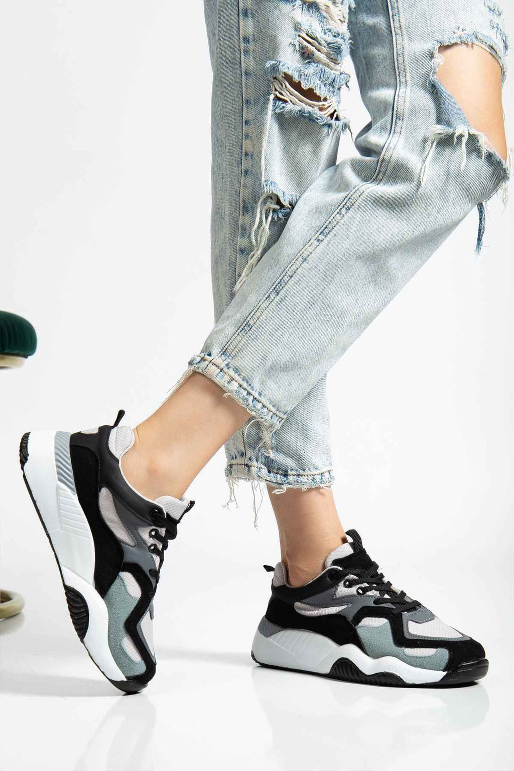 Ayakkabı Aşkı Sp-172-2 Siyah Gri Bağcıklı Kadın Spor Ayakkabı