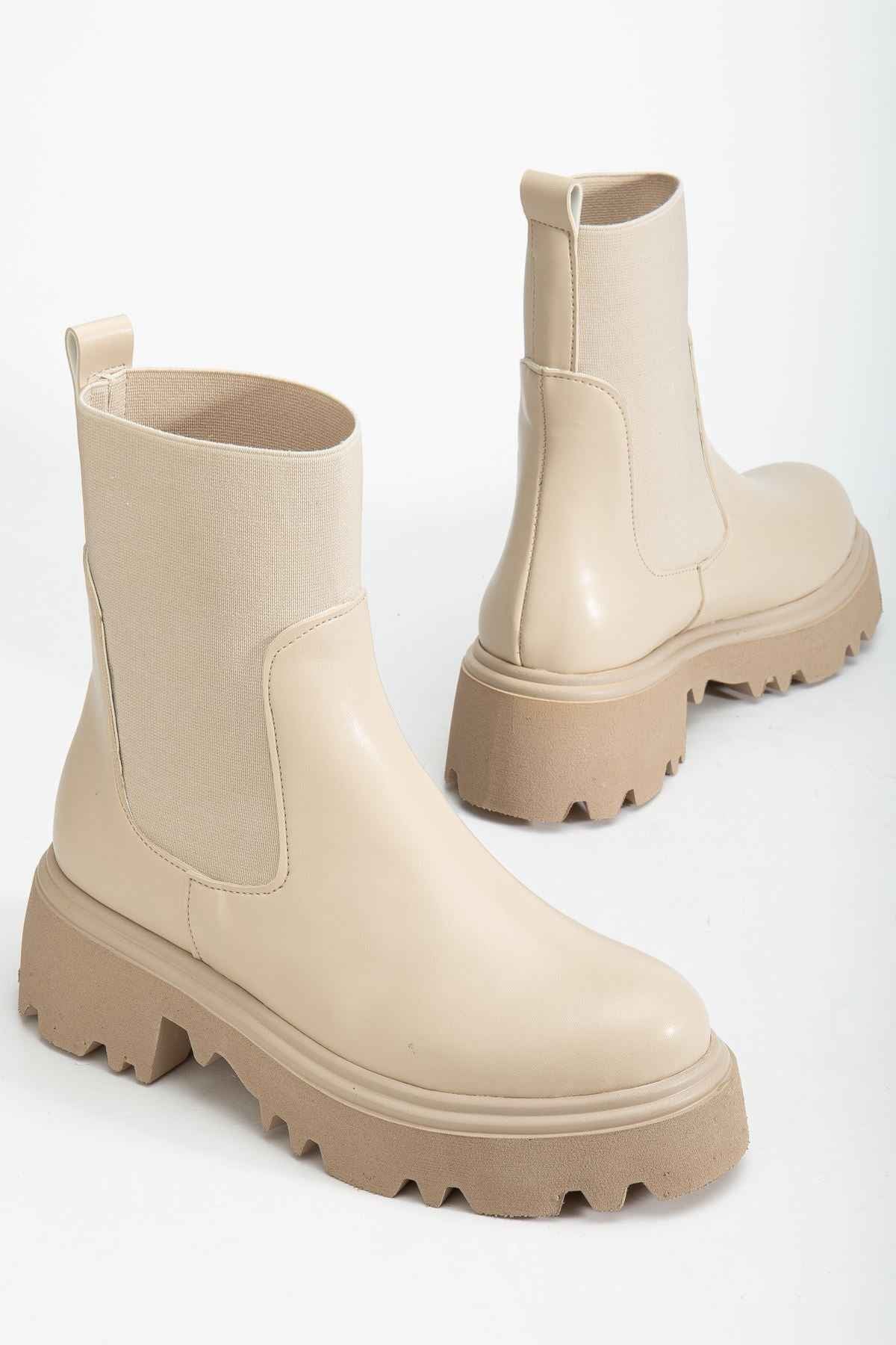 Ayakkabı Aşkı K-815 Bej Lastikli Yüksek Tabanlı Günlük Kadın Bot