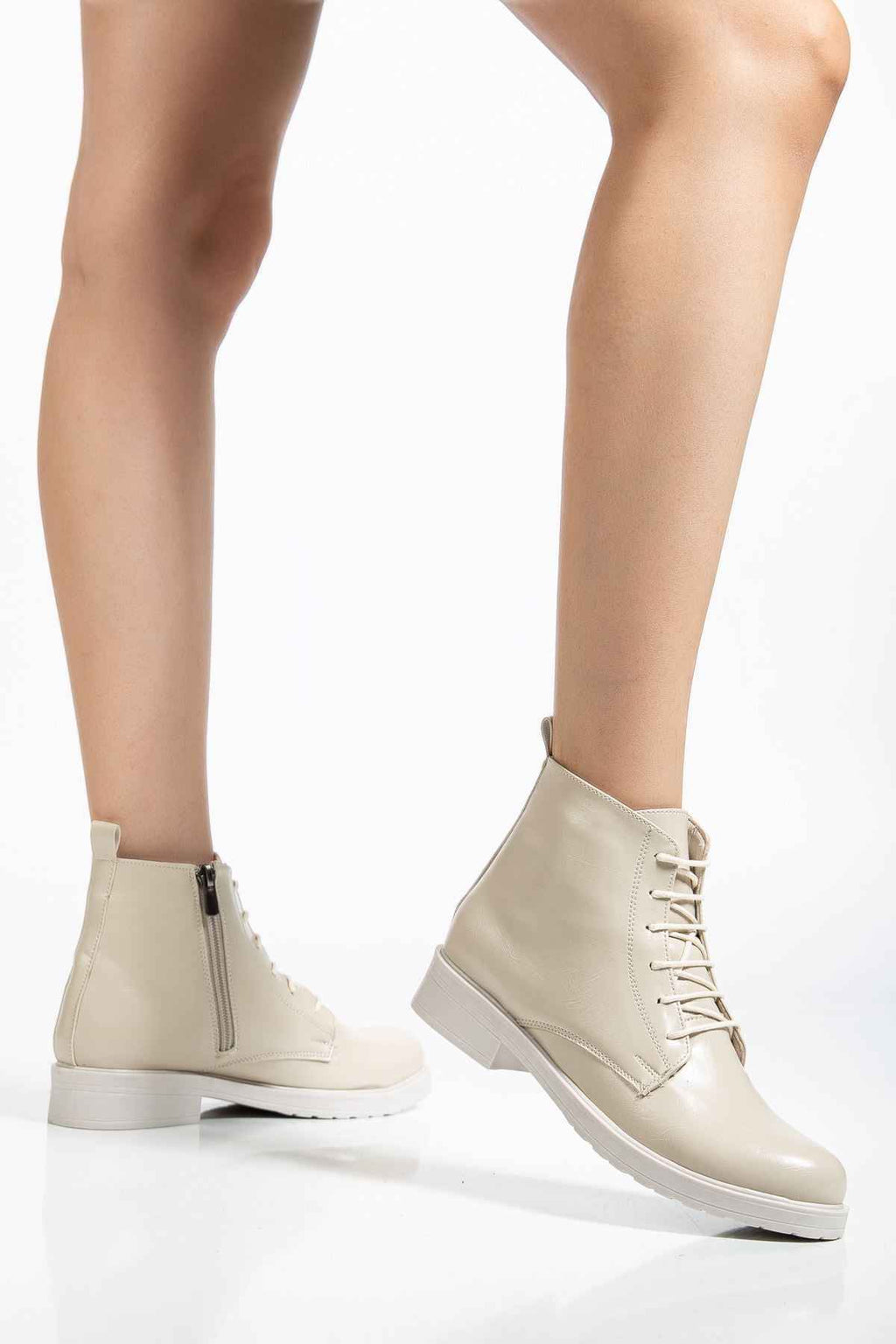 Ayakkabı Aşkı Bej Yanki Bağcıklı Fermuarlı Günlük Kadın Bot