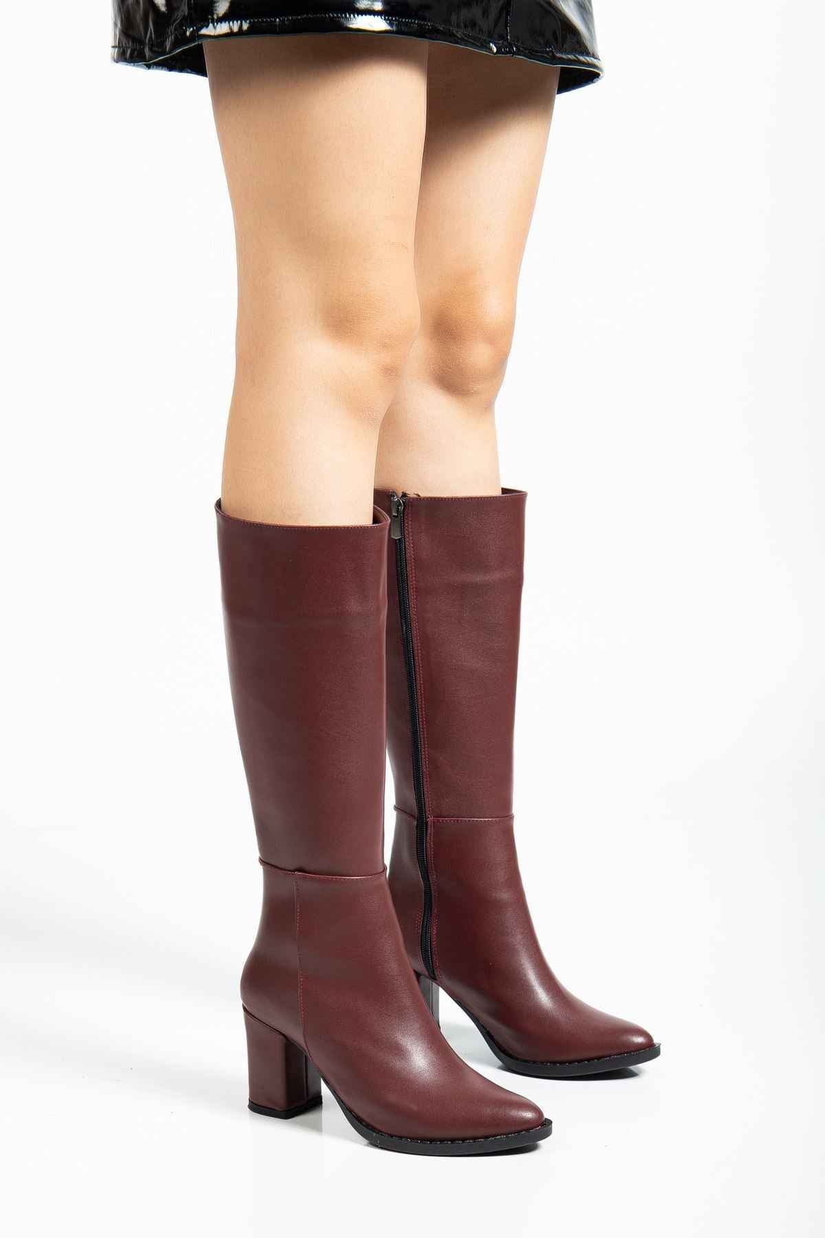 Ayakkabı Aşkı Ysn-4422 Bordo Cilt Topuklu Kadın Çizme