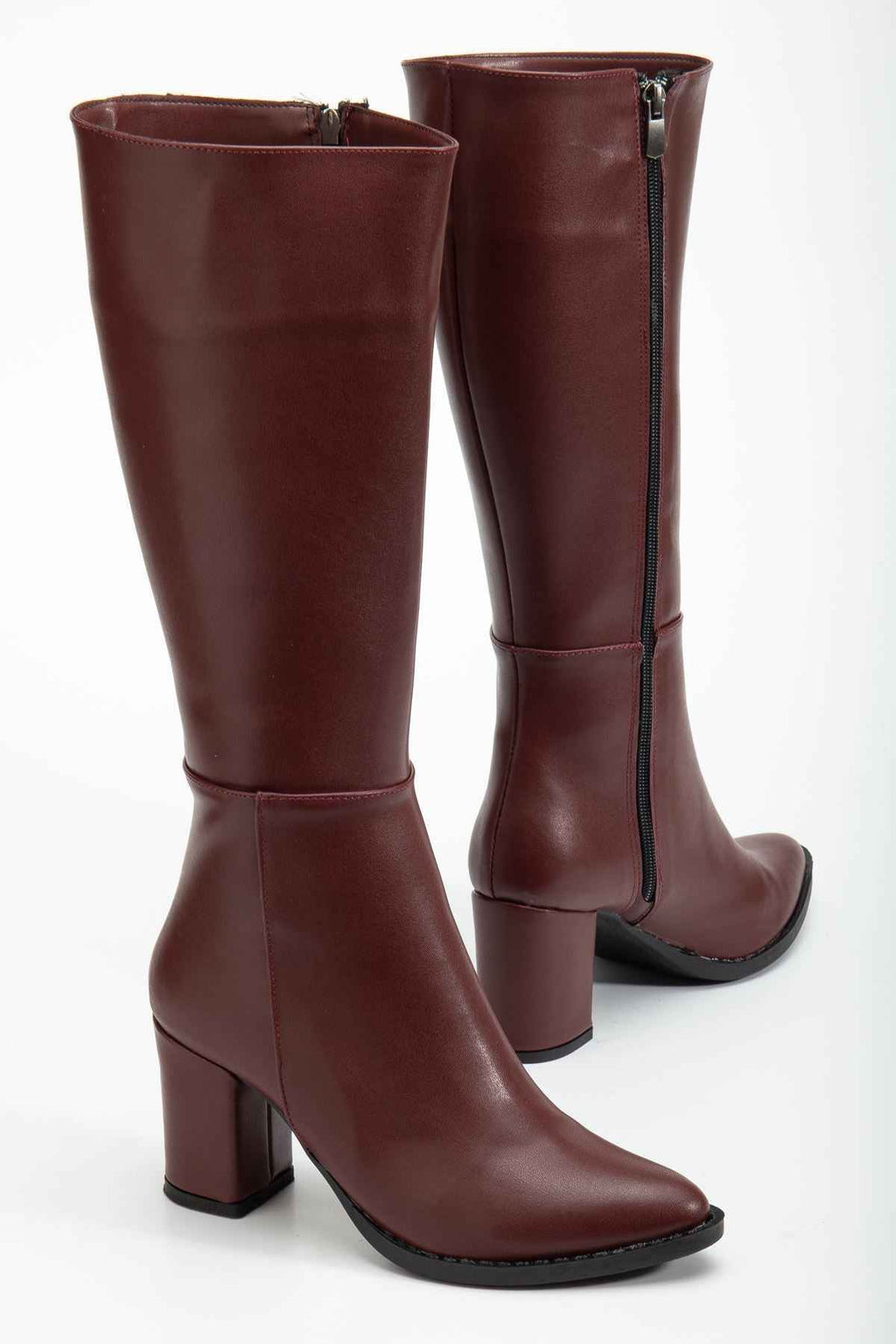 Ayakkabı Aşkı Bordo Cilt Topuklu Kadın Çizme