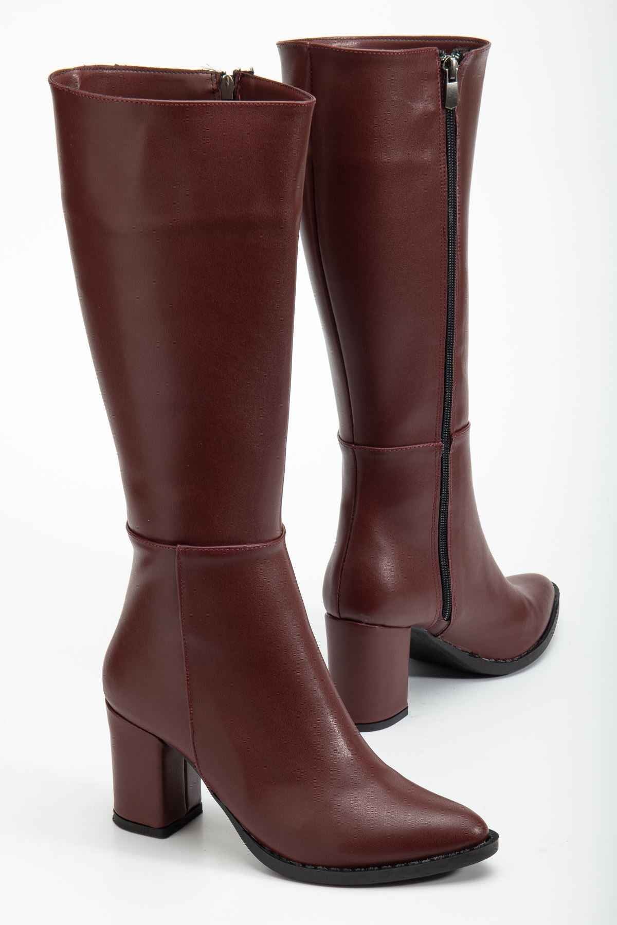Ayakkabı Aşkı Bordo Cilt Topuklu Kadın Çizme