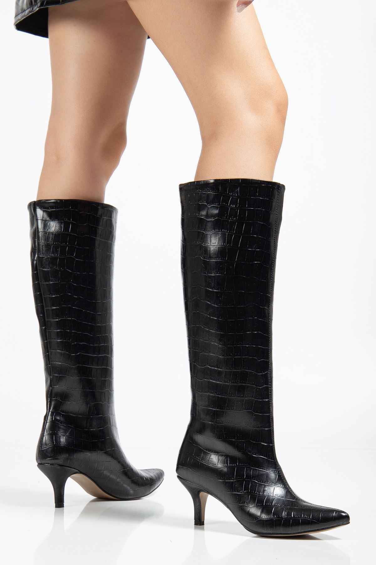 Ayakkabı Aşkı Syt-2025 Siyah  Kroko Günlük Kadın Çizme