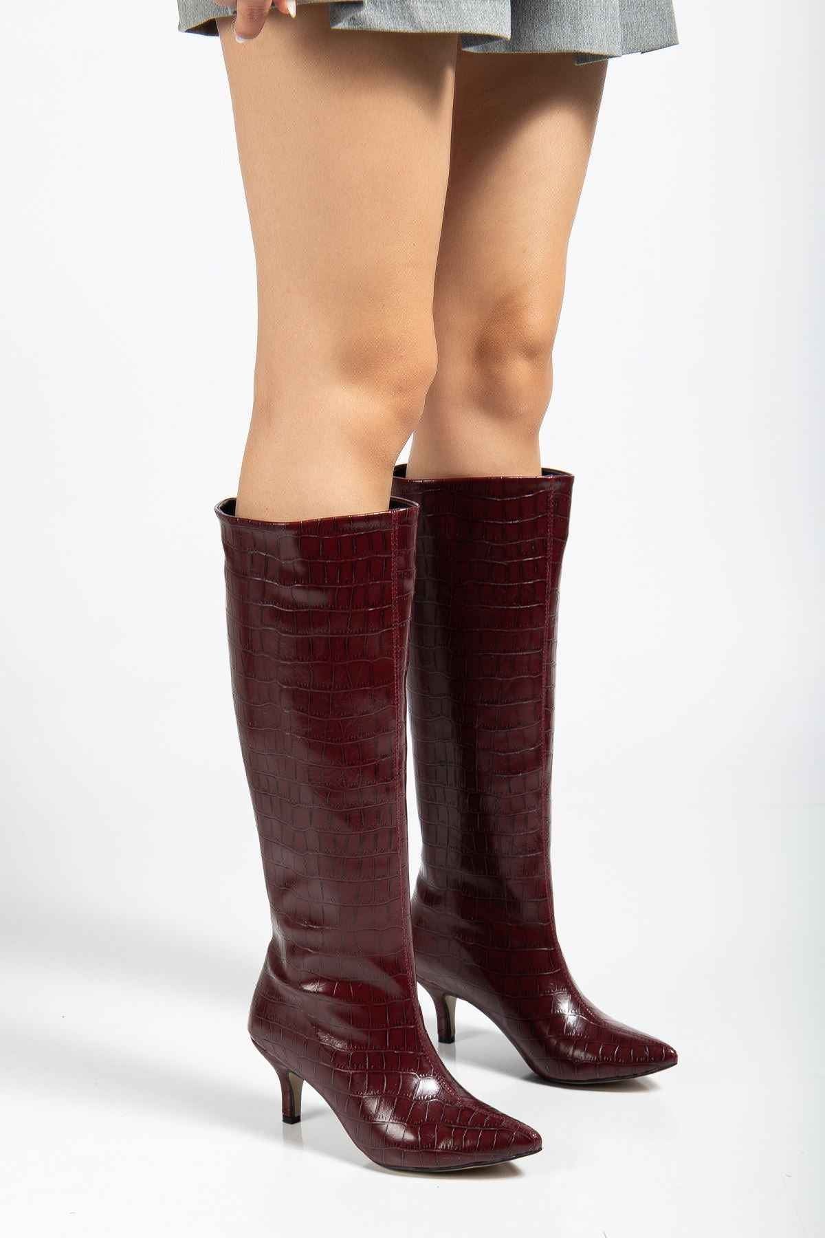 Ayakkabı Aşkı Syt-2025 Bordo Kroko Günlük Kadın Çizme