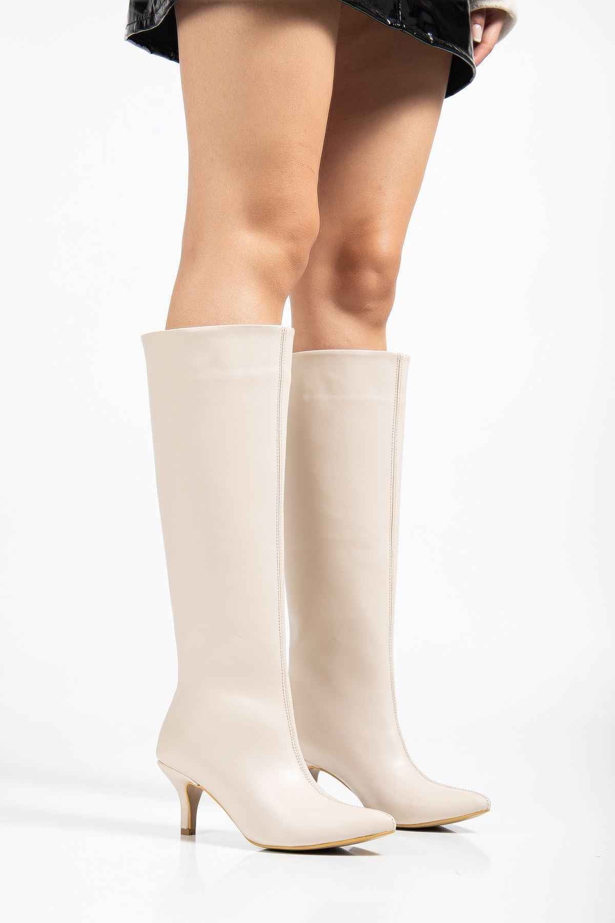 Ayakkabı Aşkı Syt-2025 Bej Kırışık Rugan Günlük Kadın Çizme