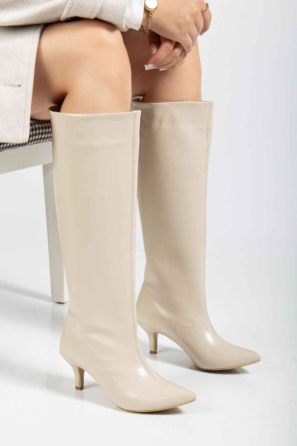 Ayakkabı Aşkı Syt-2025 Bej Kırışık Rugan Günlük Kadın Çizme