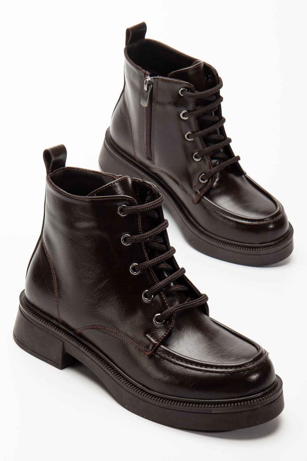 Ayakkabı Aşkı 02-2001 Kahve Kırışık Rugan Bağcıklı Fermuarlı Günlük Kadın Bot