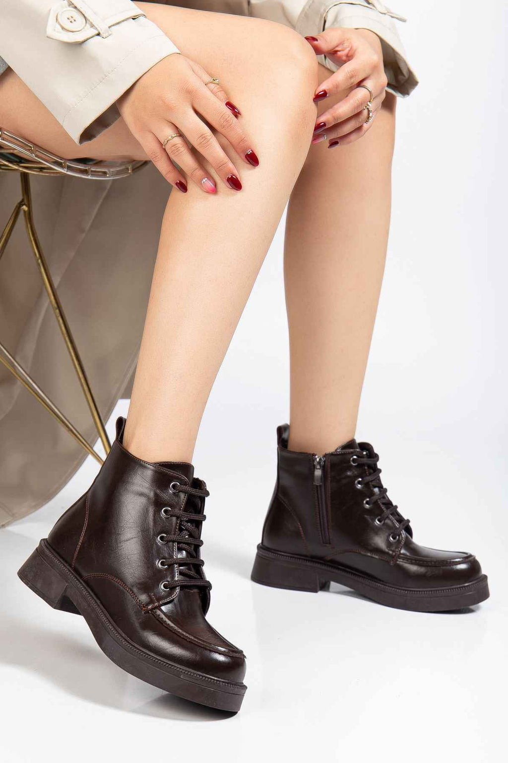 Ayakkabı Aşkı 02-2001 Kahve Kırışık Rugan Bağcıklı Fermuarlı Günlük Kadın Bot