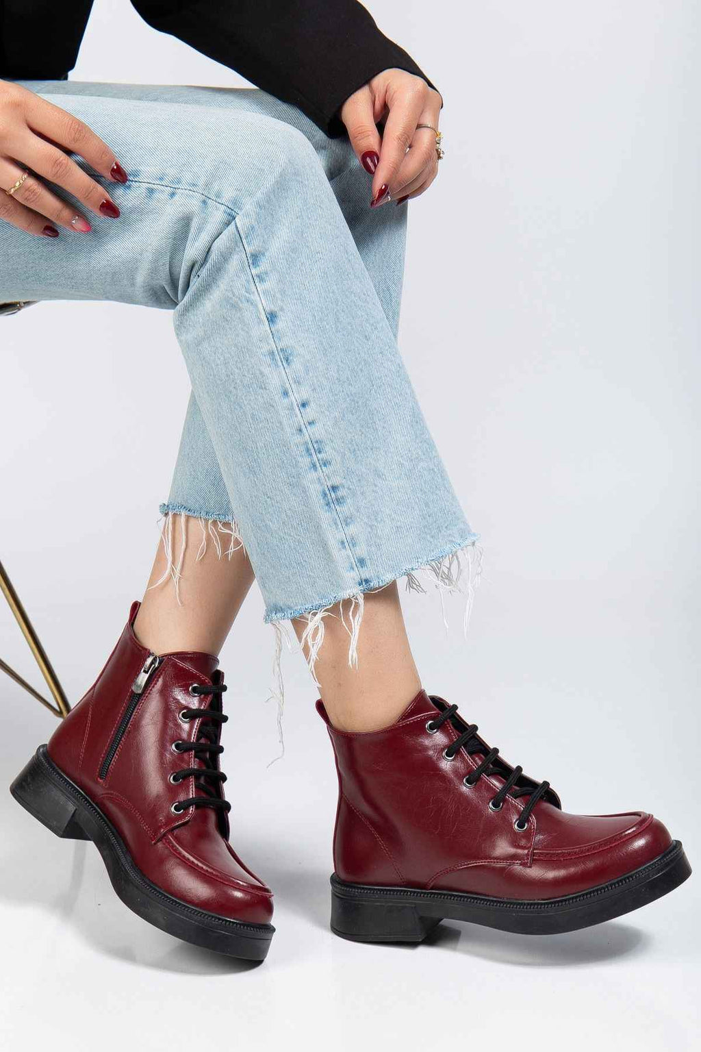 Ayakkabı Aşkı 02-2001 Bordo Kırışık Rugan Bağcıklı Fermuarlı Günlük Kadın Bot