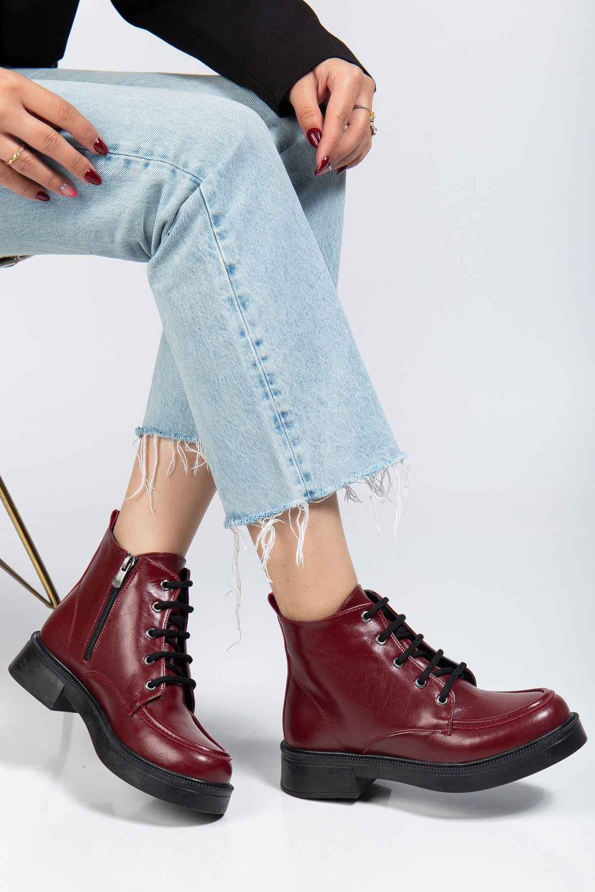 Ayakkabı Aşkı 02-2001 Bordo Kırışık Rugan Bağcıklı Fermuarlı Günlük Kadın Bot