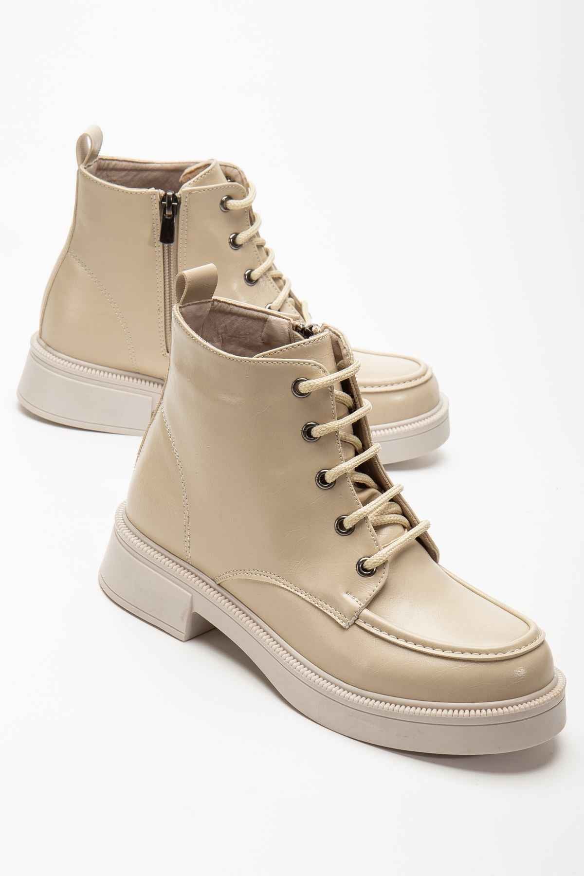 Ayakkabı Aşkı 02-2001 Bej Kırışık Rugan Bağcıklı Fermuarlı Günlük Kadın Bot