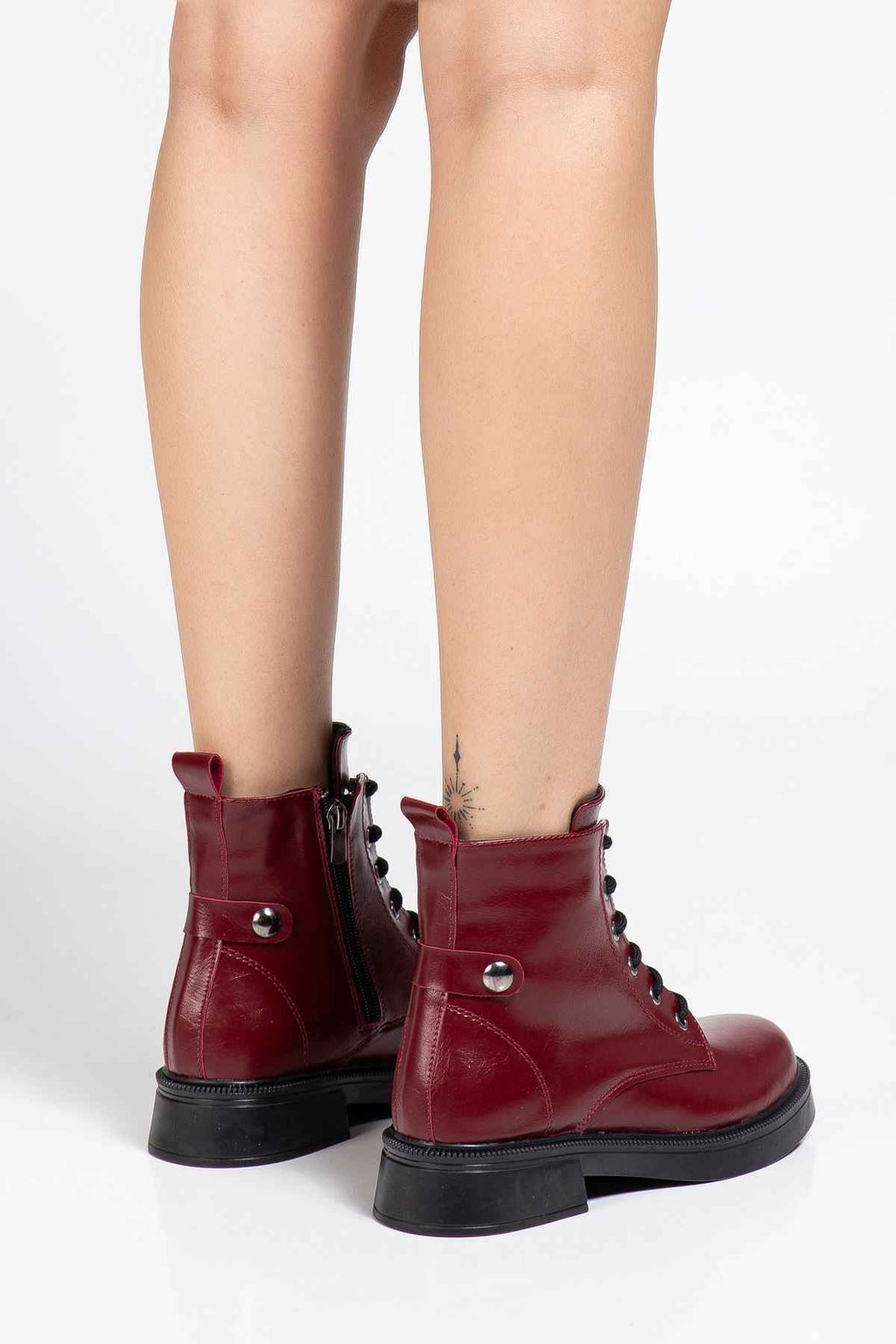 Ayakkabı Aşkı 02-2003 Bordo Kırışık Rugan Bağcıklı Fermuarlı Günlük Kadın Bot