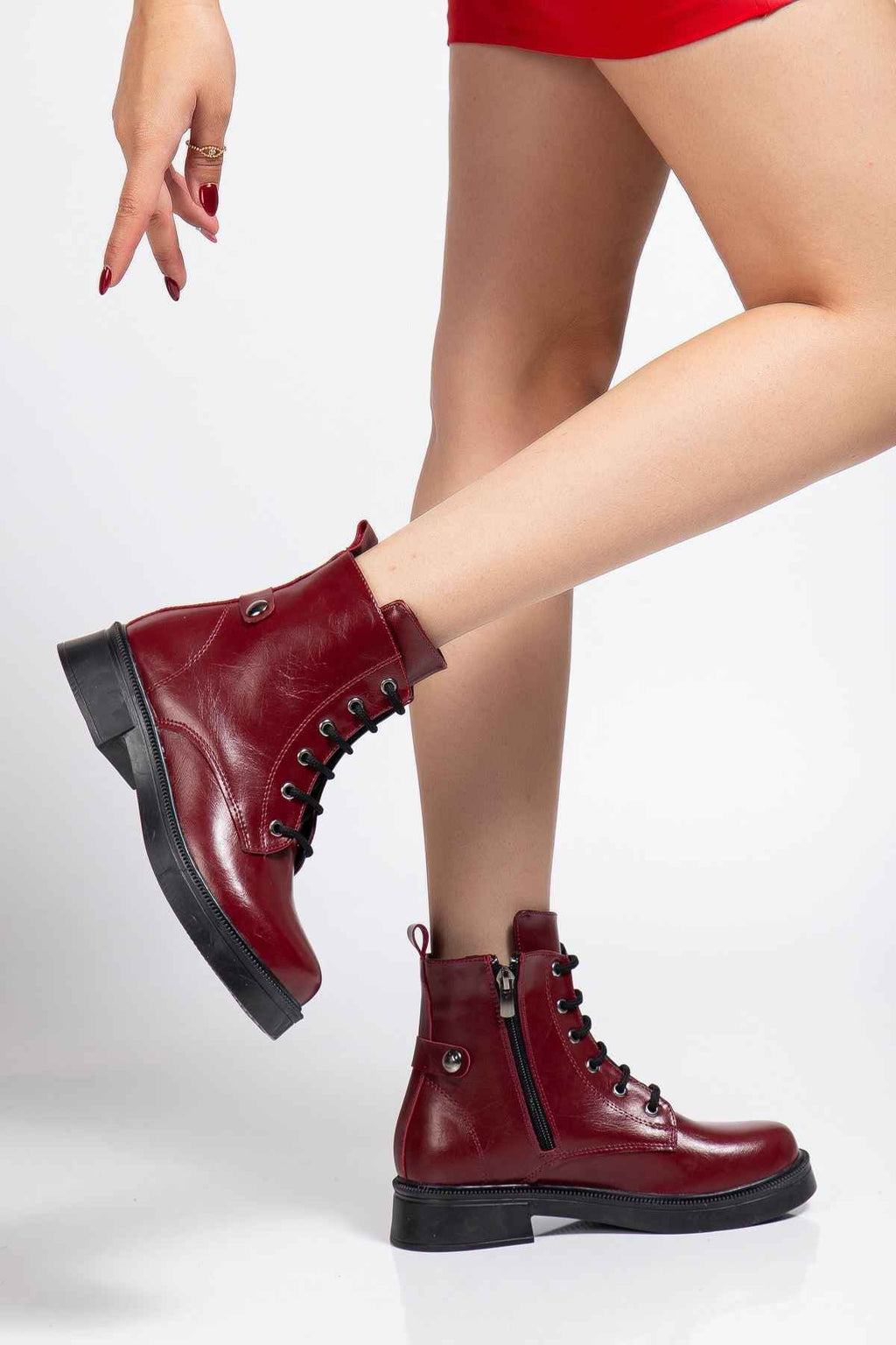 Ayakkabı Aşkı 02-2003 Bordo Kırışık Rugan Bağcıklı Fermuarlı Günlük Kadın Bot
