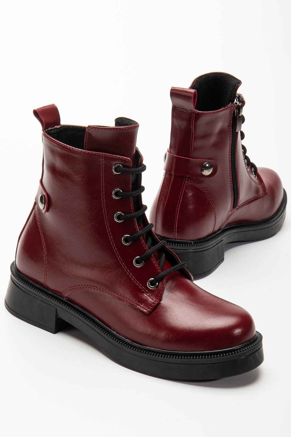 Ayakkabı Aşkı 02-2003 Bordo Kırışık Rugan Bağcıklı Fermuarlı Günlük Kadın Bot