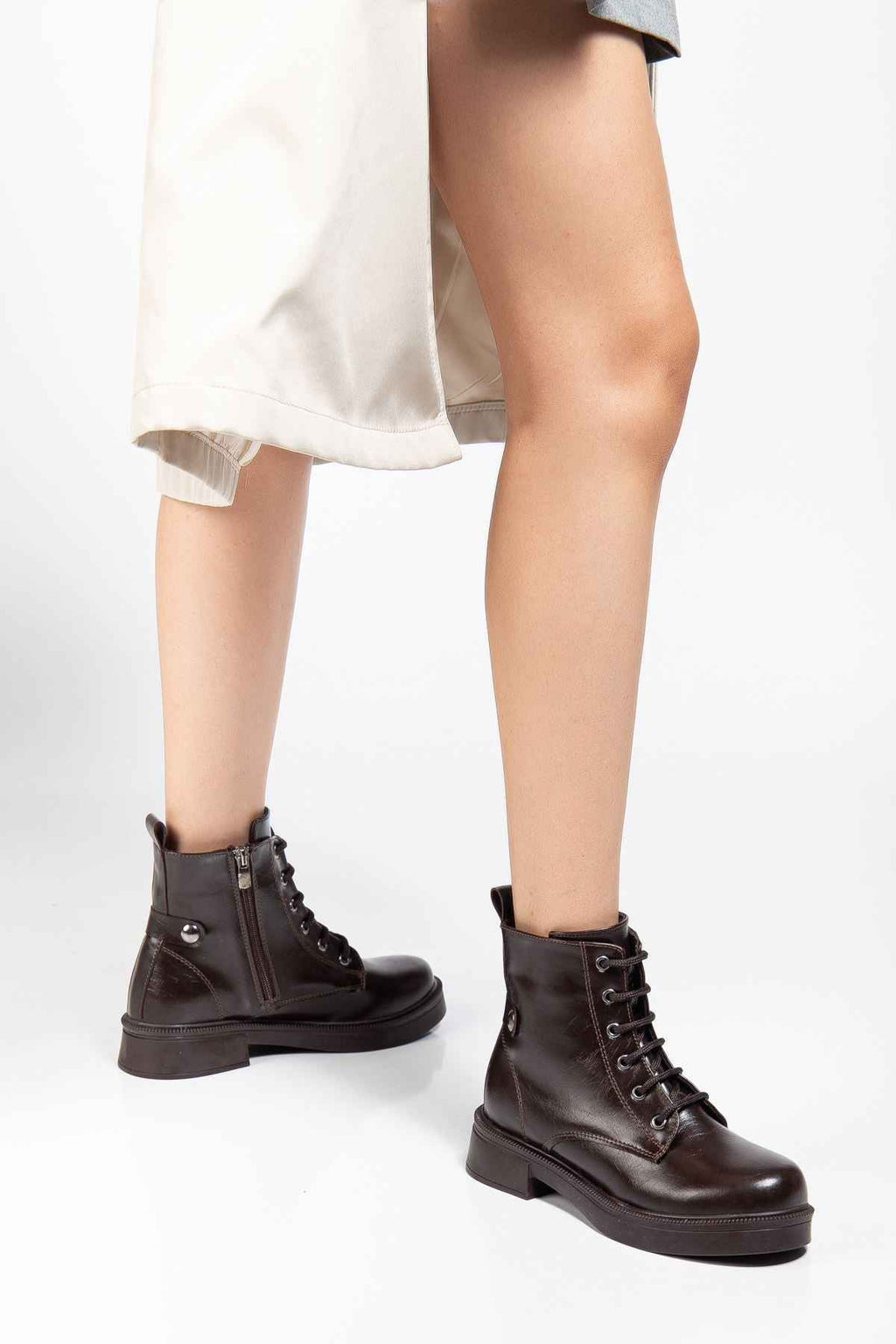 Ayakkabı Aşkı 02-2003 Kahve Kırışık Rugan Bağcıklı Fermuarlı Günlük Kadın Bot