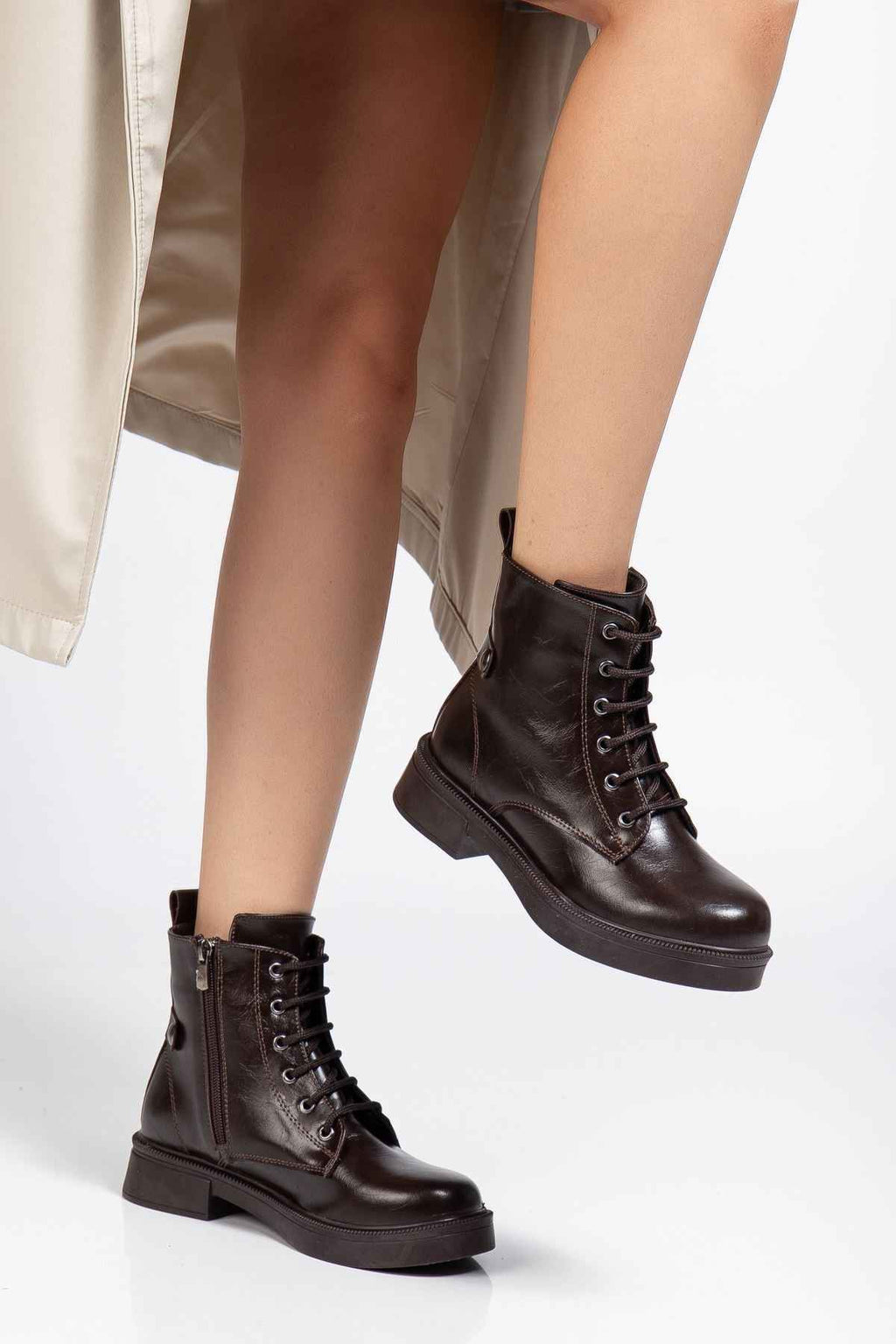 Ayakkabı Aşkı 02-2003 Kahve Kırışık Rugan Bağcıklı Fermuarlı Günlük Kadın Bot