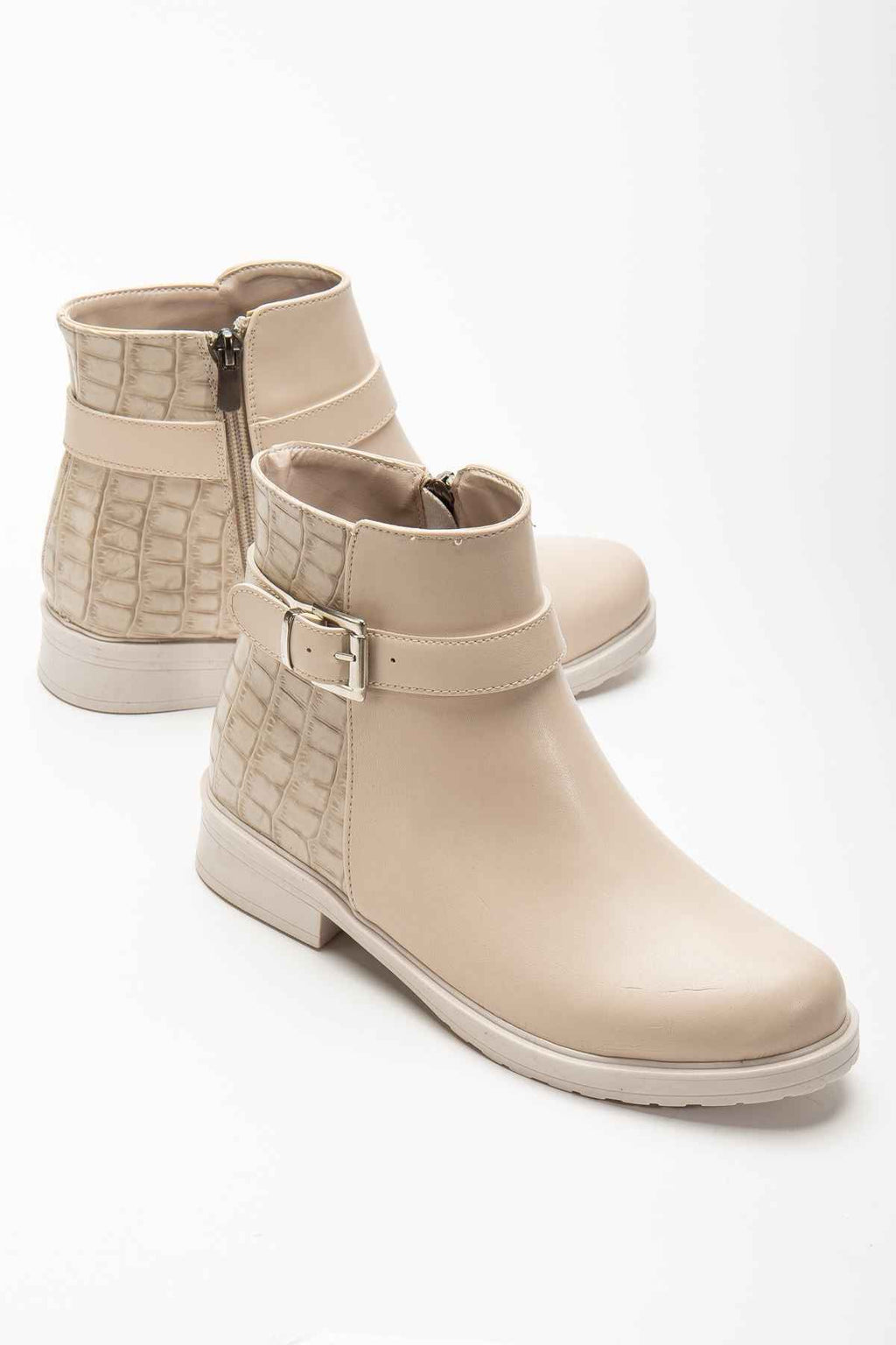 Ayakkabı Aşkı 165-204/1 Bej Kroko Toka Aksesuarlı Fermuarlı Günlük Kadın Bot