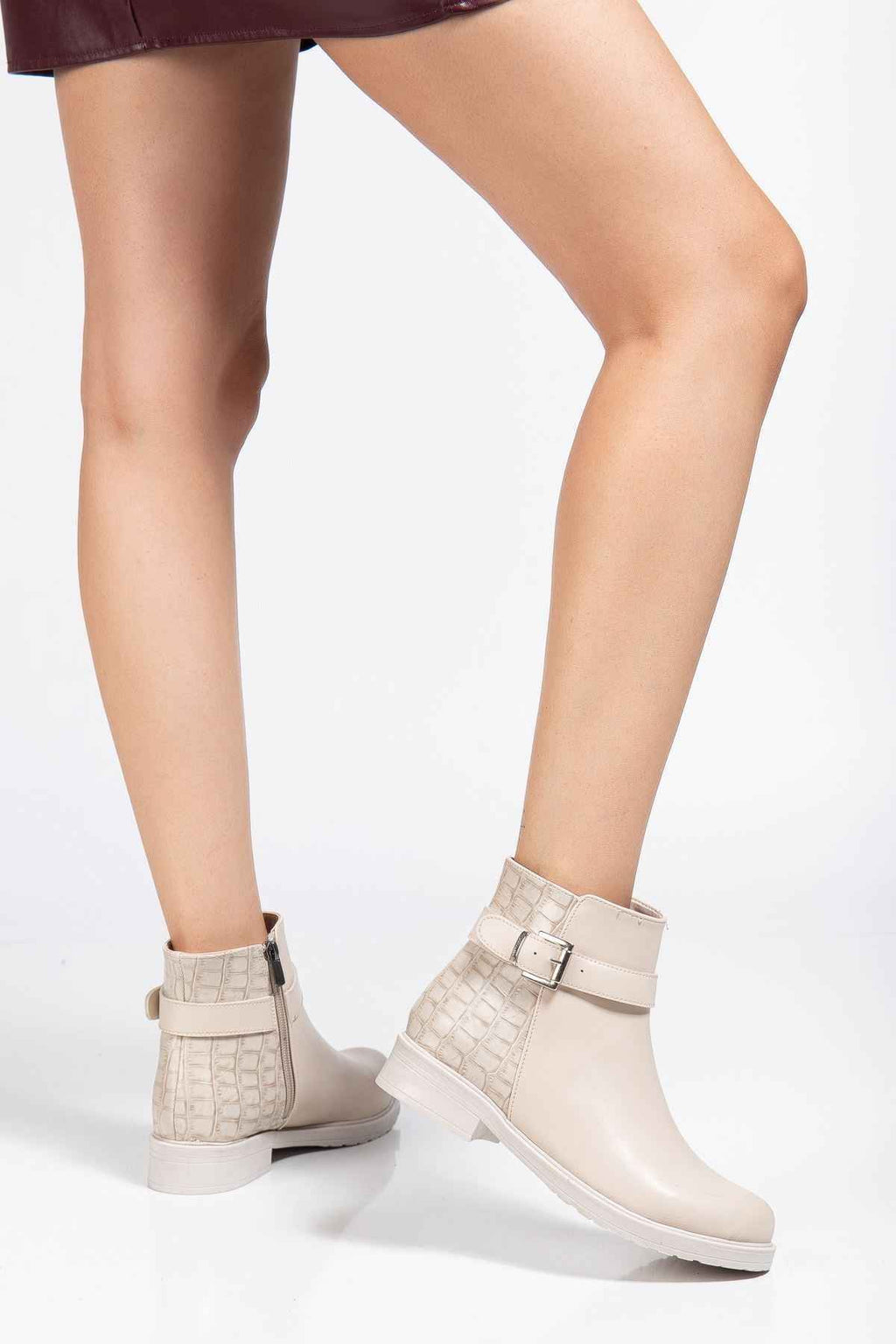 Ayakkabı Aşkı 165-204/1 Bej Kroko Toka Aksesuarlı Fermuarlı Günlük Kadın Bot