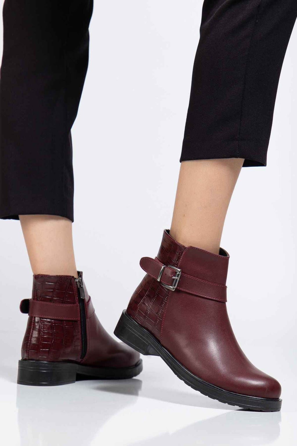 Ayakkabı Aşkı 165-204/1 Bordo Kroko Toka Aksesuarlı Fermuarlı Günlük Kadın Bot