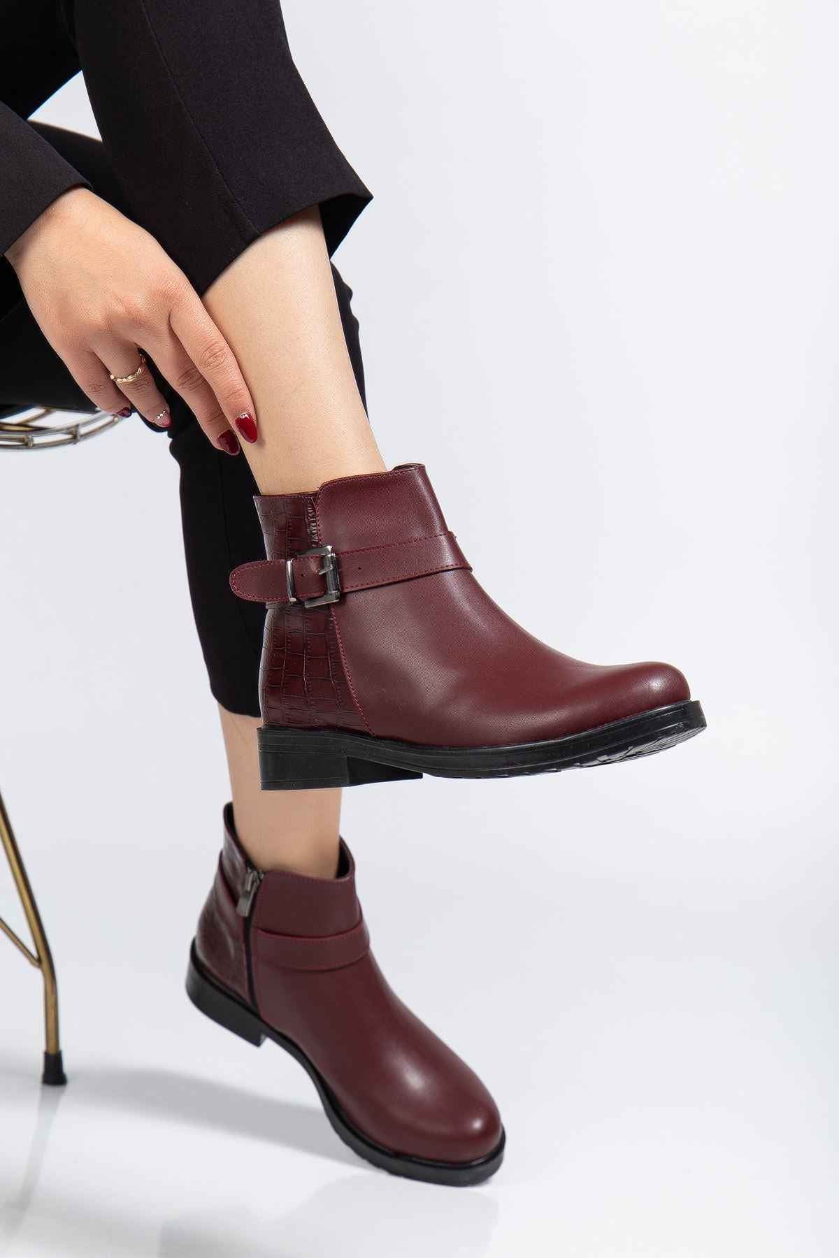 Ayakkabı Aşkı 165-204/1 Bordo Kroko Toka Aksesuarlı Fermuarlı Günlük Kadın Bot