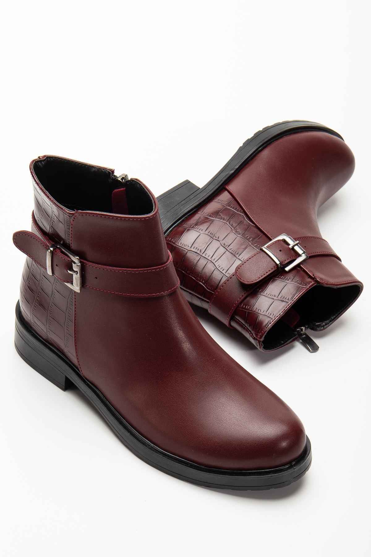 Ayakkabı Aşkı 165-204/1 Bordo Kroko Toka Aksesuarlı Fermuarlı Günlük Kadın Bot