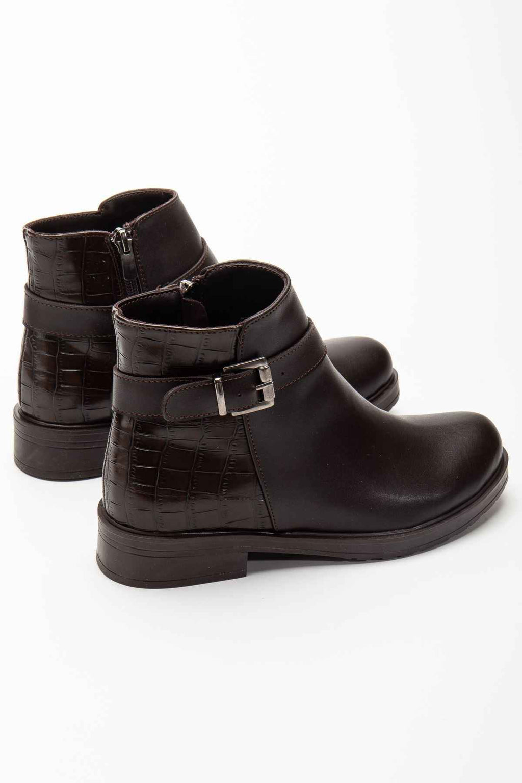 Ayakkabı Aşkı 165-204/1 Kahve Kroko Toka Aksesuarlı Fermuarlı Günlük Kadın Bot