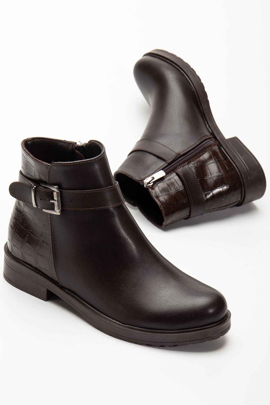 Ayakkabı Aşkı 165-204/1 Kahve Kroko Toka Aksesuarlı Fermuarlı Günlük Kadın Bot