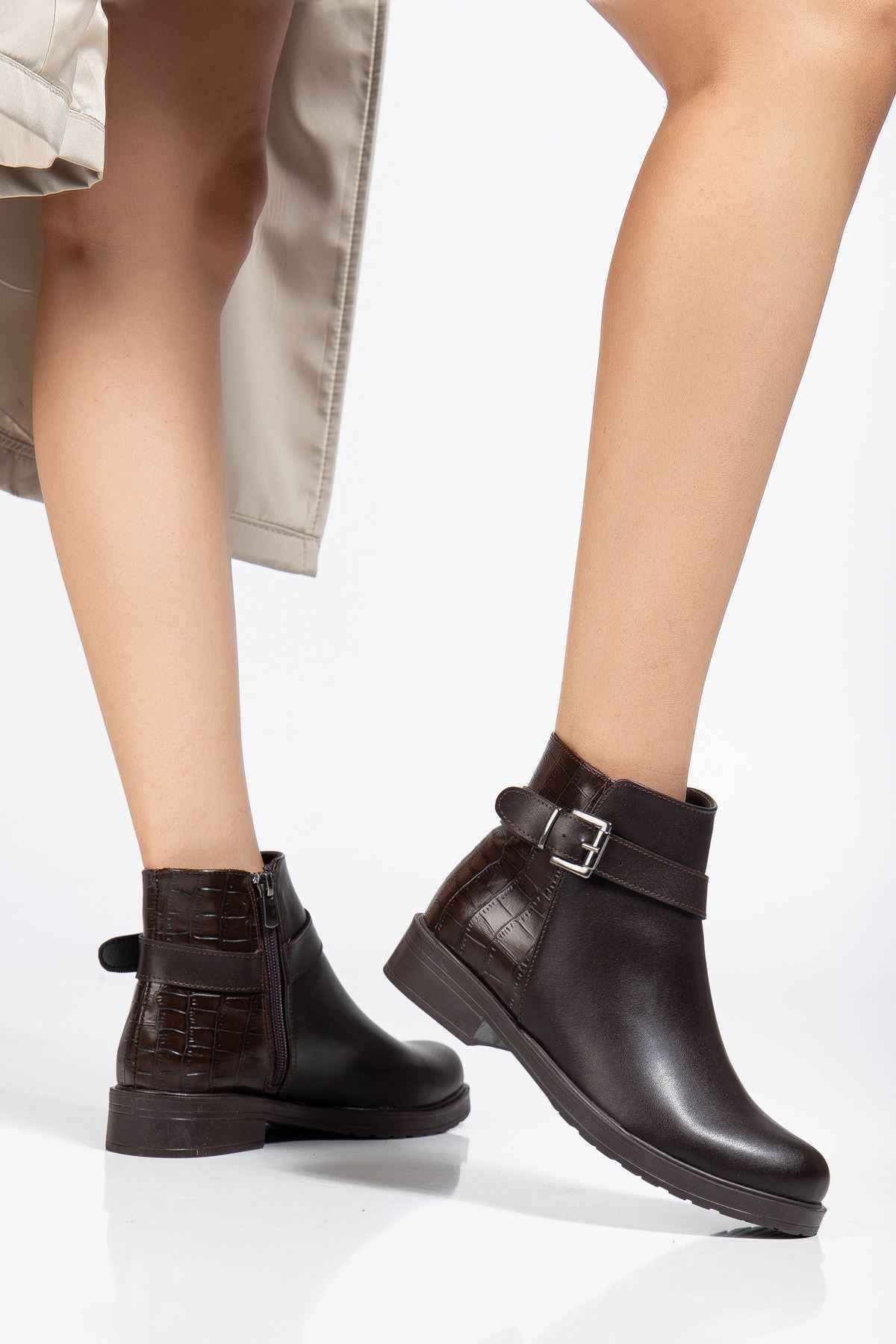 Ayakkabı Aşkı 165-204/1 Kahve Kroko Toka Aksesuarlı Fermuarlı Günlük Kadın Bot