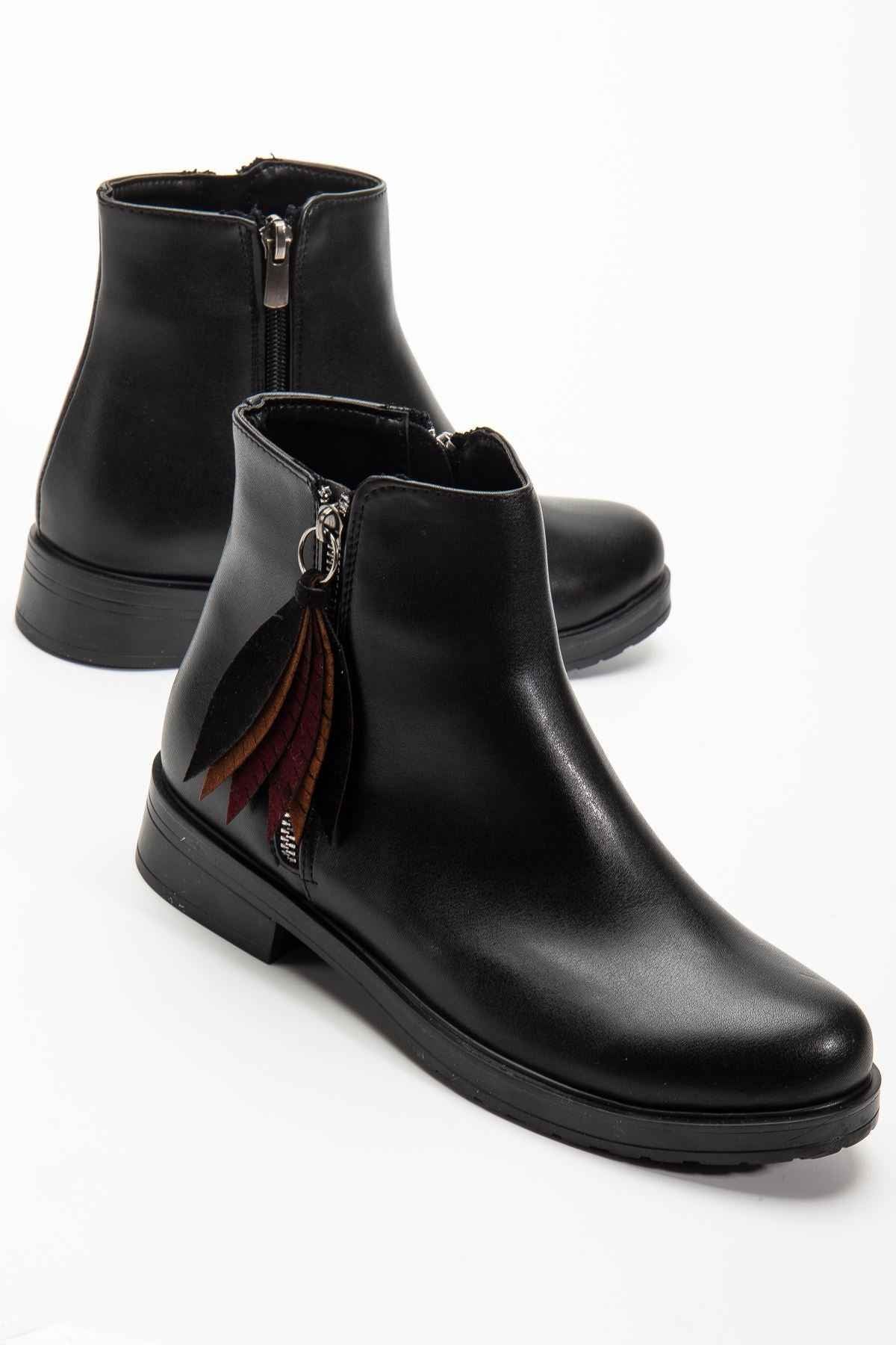 Ayakkabı Aşkı 165-205 Siyah Cilt Yaprak Desenli Fermuarlı Günlük Kadın Bot