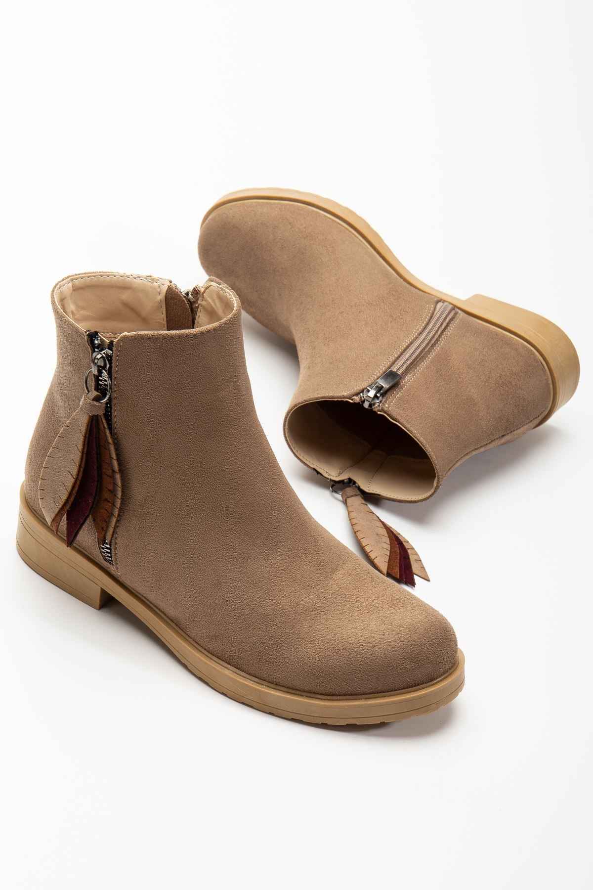 Ayakkabı Aşkı 165-205 Vizon Süet  Yaprak Desenli Fermuarlı Günlük Kadın Bot