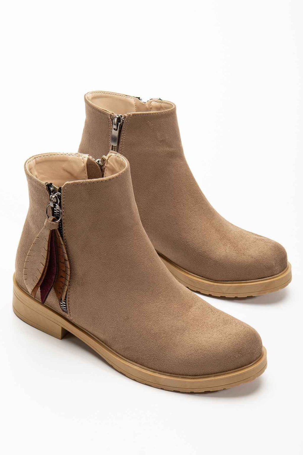 Ayakkabı Aşkı 165-205 Vizon Süet  Yaprak Desenli Fermuarlı Günlük Kadın Bot