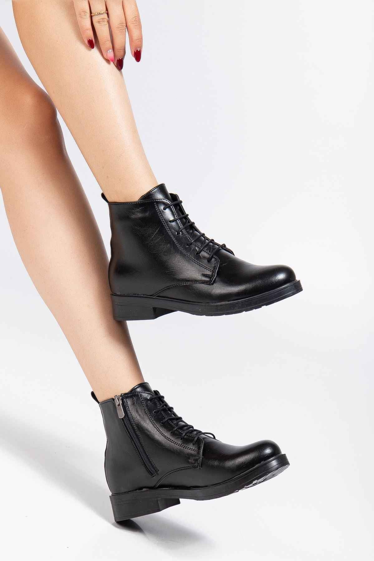 Ayakkabı Aşkı 165-225 Siyah Yanki Bağcıklı Fermuarlı Günlük Kadın Bot