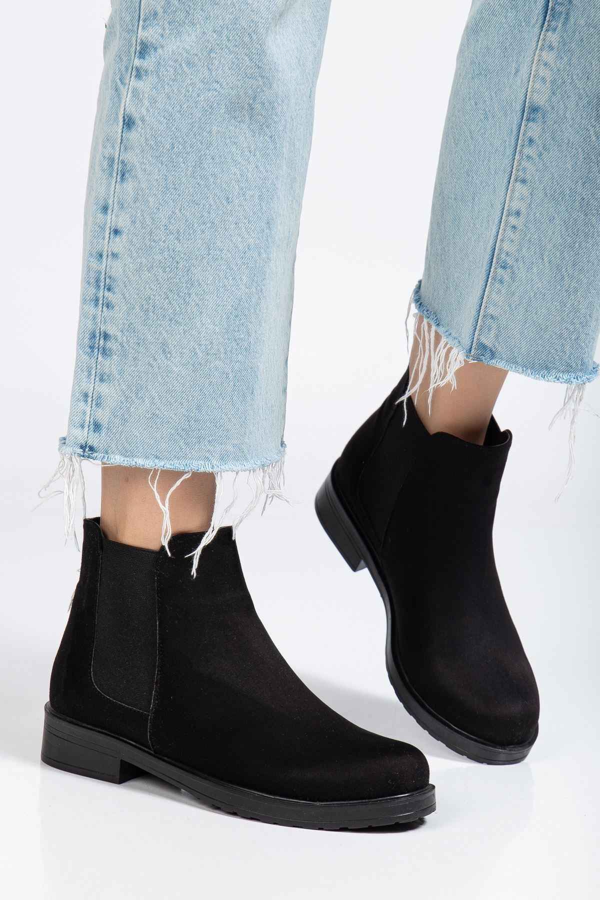 Ayakkabı Aşkı 165-230 Siyah Süet Lastikli Günlük Kadın Bot