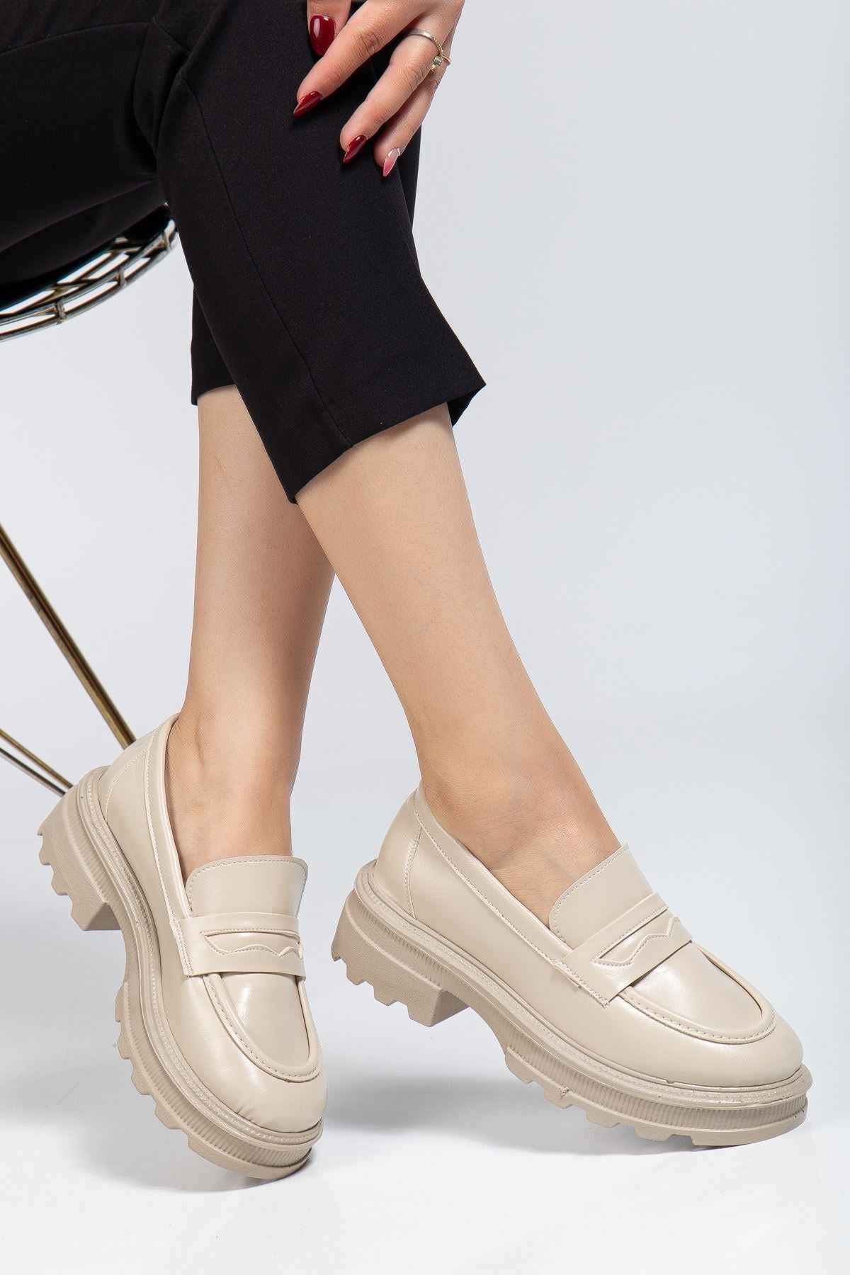 Ayakkabı Aşkı 746-759 Bej Yanki Yüksek Tabanlı Loafer Ayakkabı