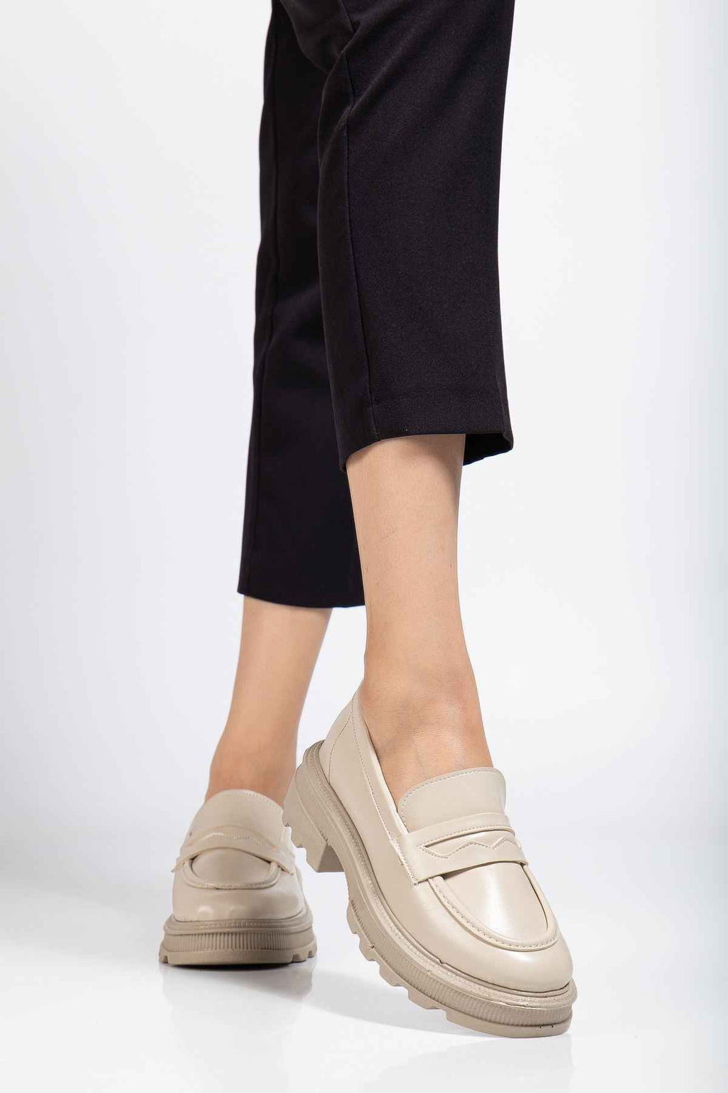 Ayakkabı Aşkı 746-759 Bej Yanki Yüksek Tabanlı Loafer Ayakkabı