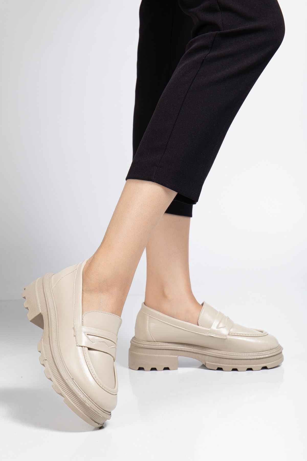 Ayakkabı Aşkı 746-759 Bej Yanki Yüksek Tabanlı Loafer Ayakkabı