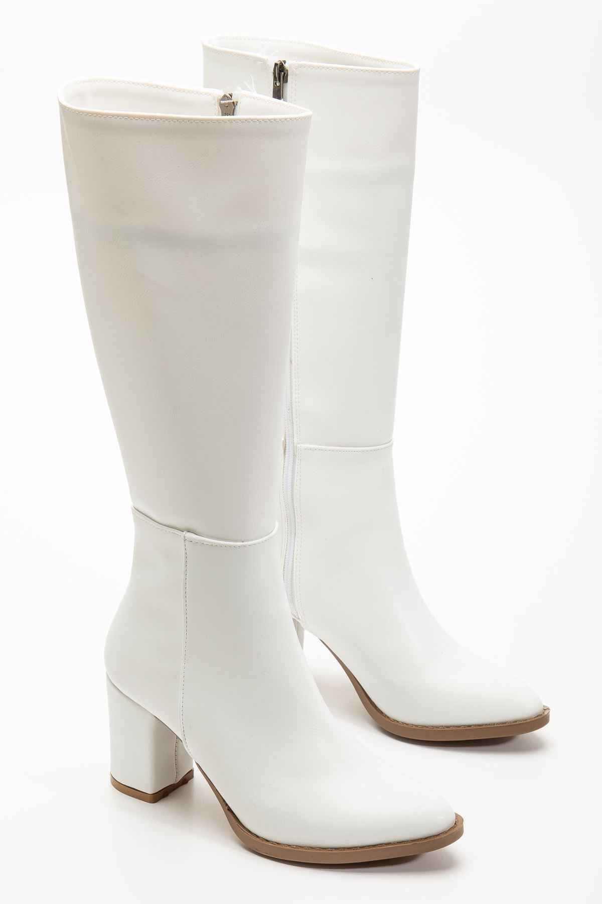 Ayakkabı Aşkı Ysn-4422 Beyaz Cilt Topuklu Kadın Çizme