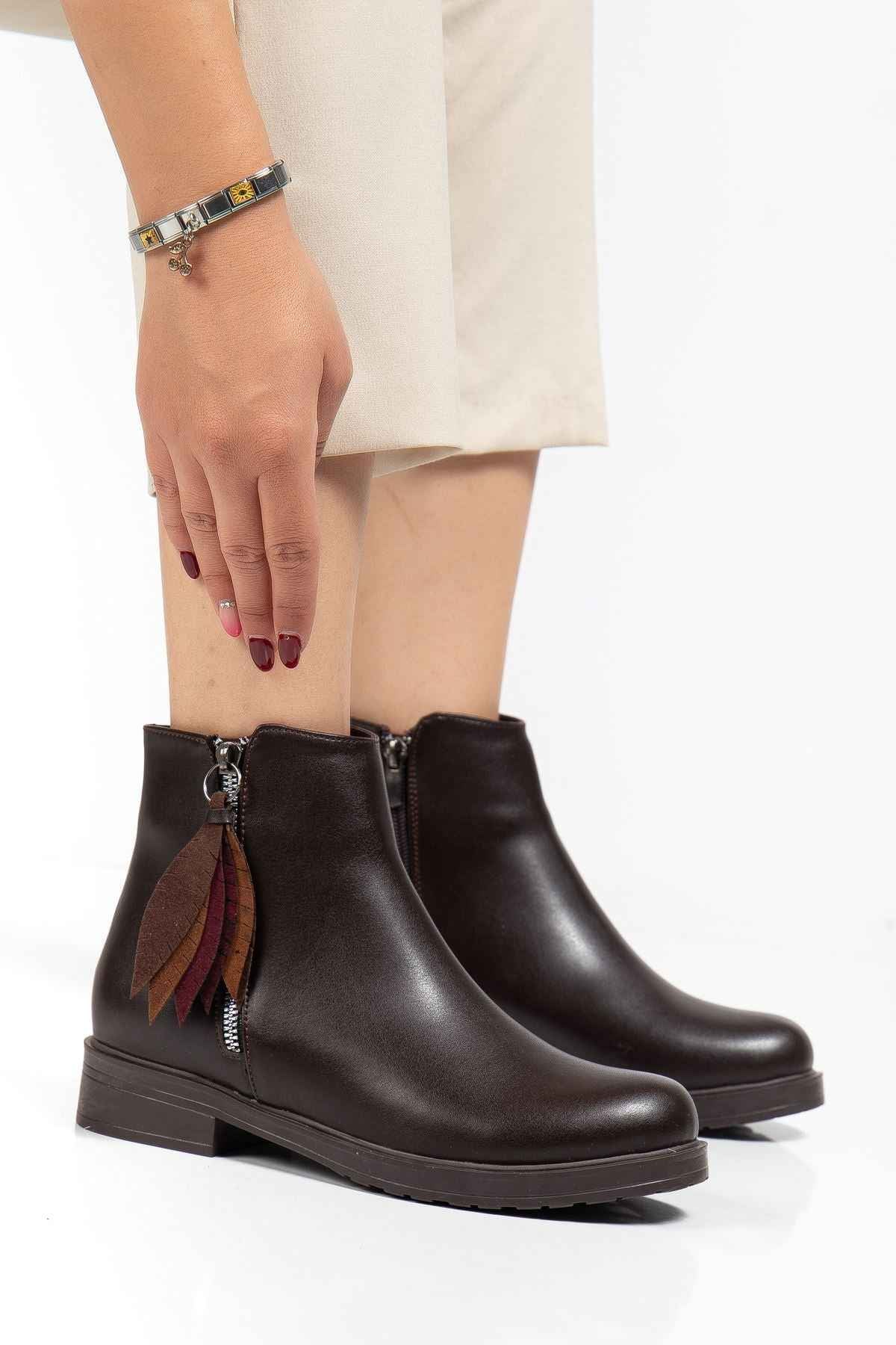 Ayakkabı Aşkı 165-205 Kahve Yaprak Desenli Fermuarlı Günlük Kadın Bot - Kopya